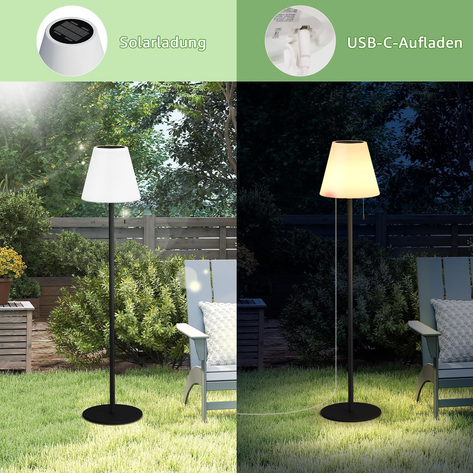 MALUX Lámpara de pie solar, lámpara de pie inalámbrica con sensor de luz, IP44, resistente al agua, altura regulable de 147 cm, lámpara de pie solar para exterior, lámpara de pie para decoración