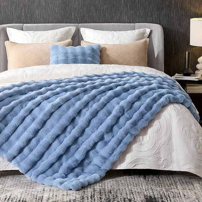 Cozy Bliss Faux Fur Throw Blanket for Couch, Fuzzy Soft Plush Thick Bubble Blanket for Sofa Bedroom Living Room, 60 * 80 Inches Tie-dye Beige