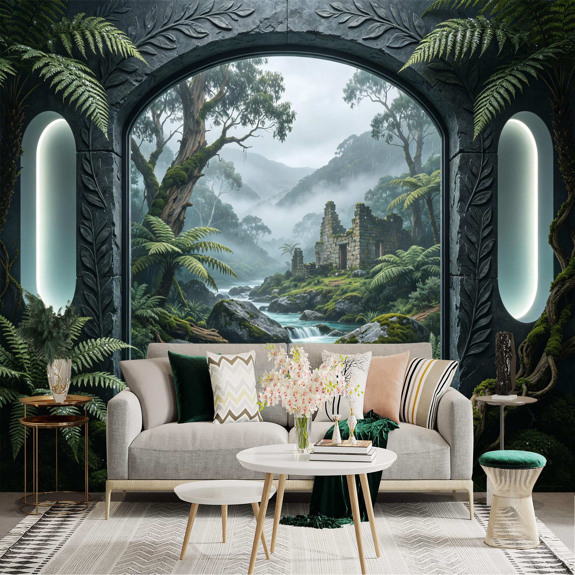 Custom Size Wall Sticker Mural， Jungle River with Ancient Stone Ruins and Misty Mountains， for wall Decoration， peelandstick wall Decals.