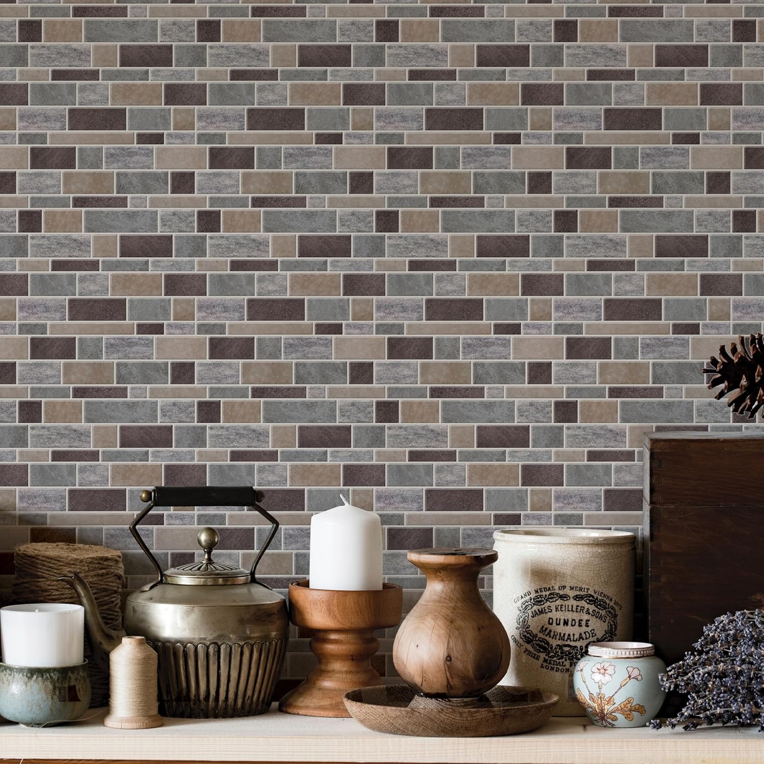 Main Street 24-Pack of 8 x 8" Paper Tiles for Kitchen Backsplash in Natural and Gray Mosaic Design. Peel and Stick, Renter Friendly, Self Stick Paper Wall Tiles for Your Home and DIY Projects