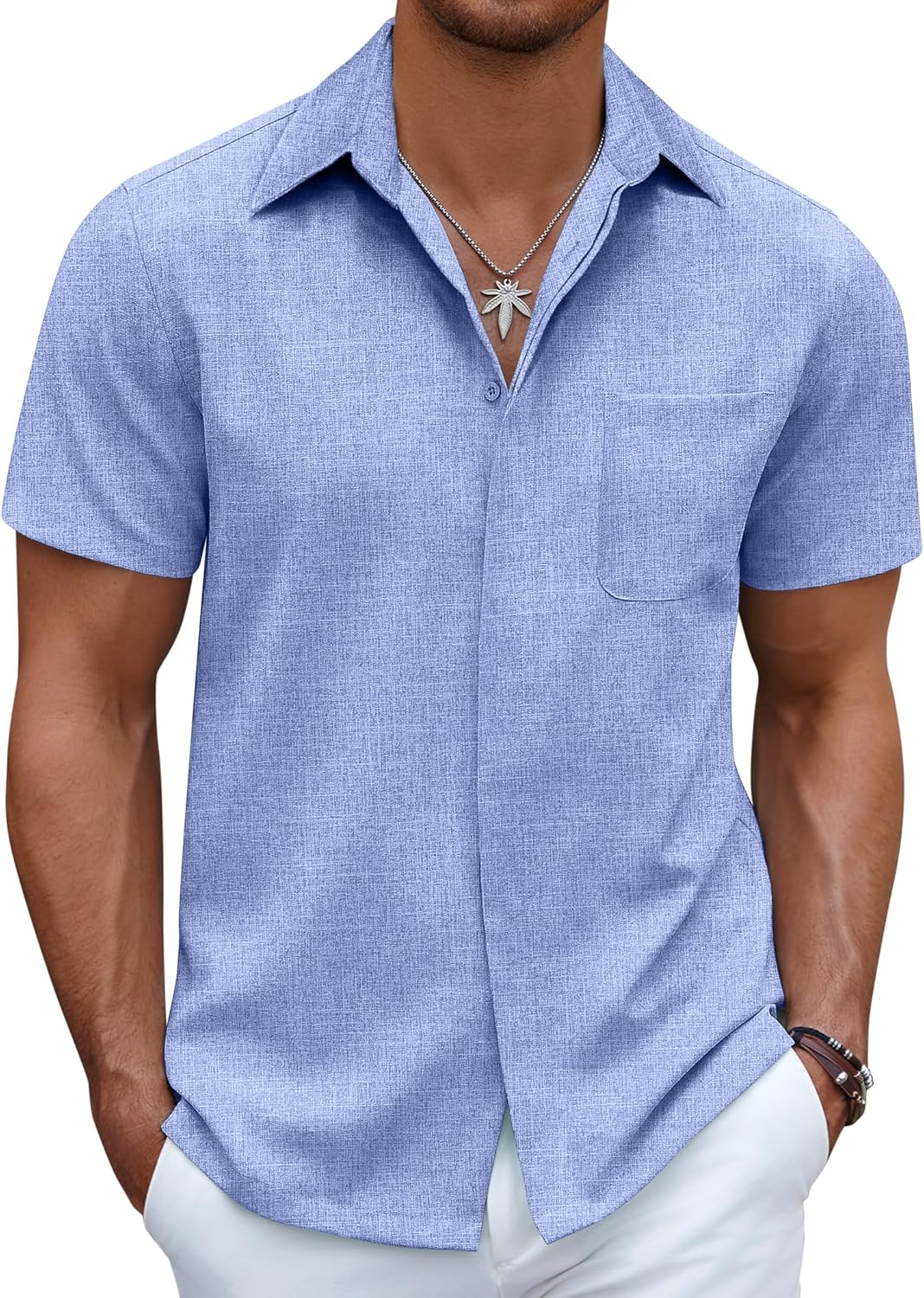 COOFANDY Mens Linen Shirt Casual Short Sleeve Button Down Shirt Summer Beach Vacation Wedding Wear Ocean Blue Medium