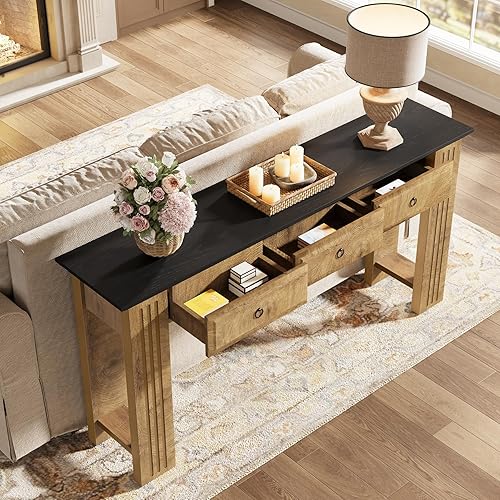 Miniatura 5 de Tribesigns Mesa consola de 63 pulgadas con 3 cajones, mesa de entrada de granja con estante de almacenamiento, sofá muebles detrás del sofá,