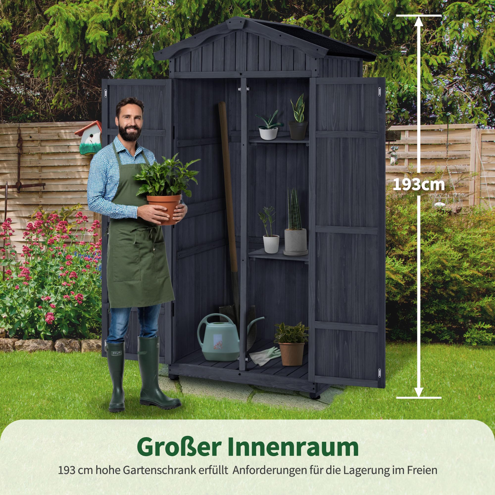 M MCombo Gartenschrank Gartenhaus Holz Wetterfest, Outdoor Wasserdicht Schrank mit Boden, für Außenbereich Balkon Terrasse, Aufbewahrungsschrank mit 2 Bewegliche Regale 74×99×193 cm (Anthrazitgrau)