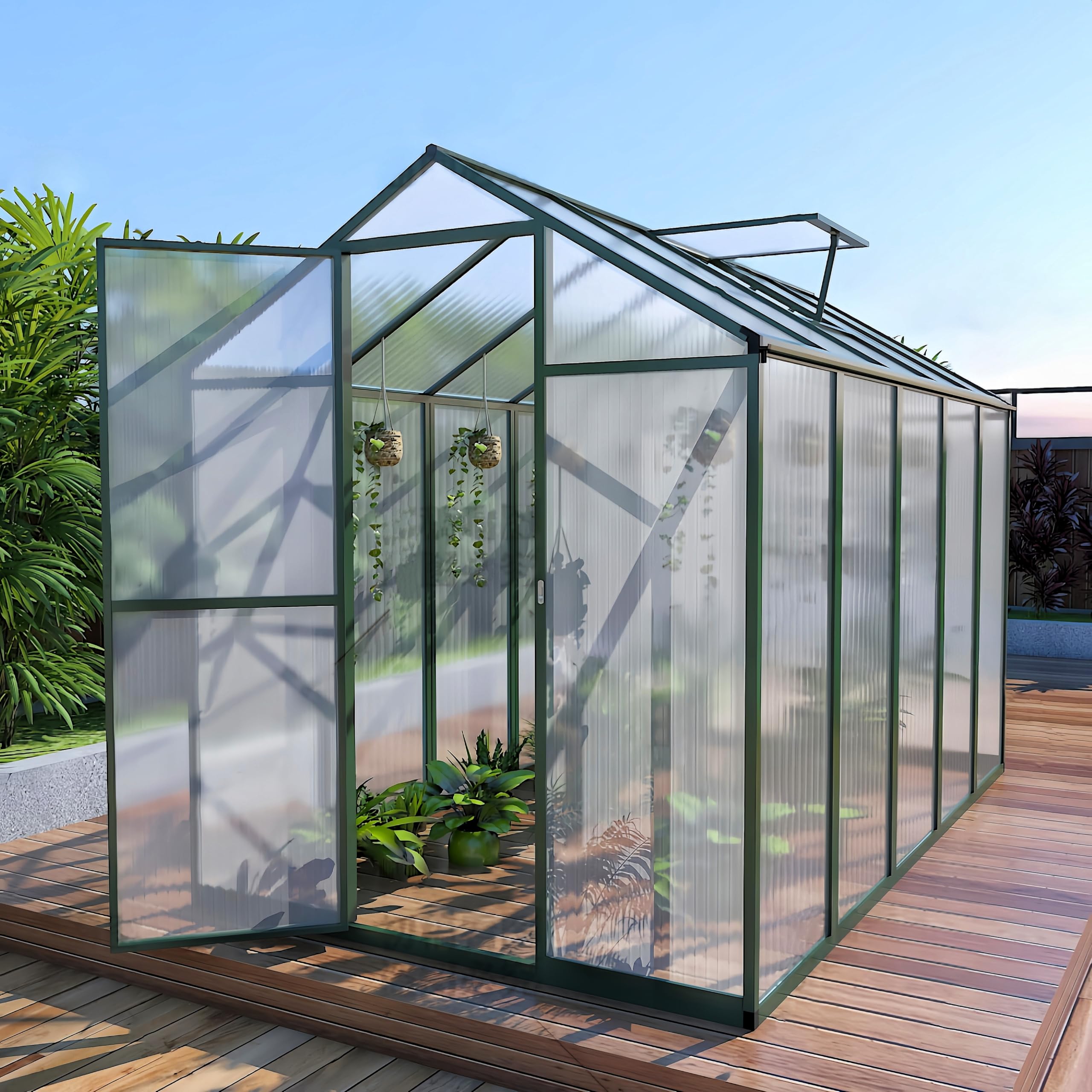 86in High 6*10FT Greenhouse for Outdoors, Polycarbonate Greenhouse with Stronger Wind Protection and Roof Vent, Walk-in Large Aluminum Sunroom Winter Proof, Green
