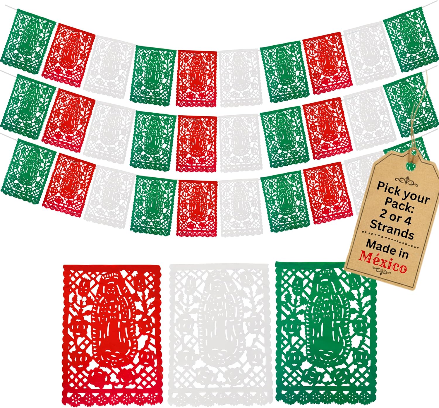Virgen de Guadalupe Papel Picado Banners PAPER, 4 Pack, 10 Flags Each