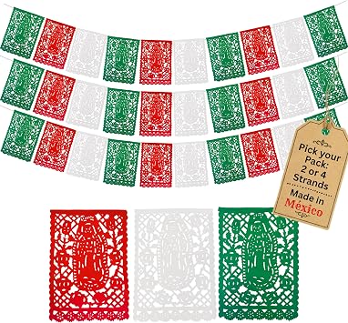 Papel Picado Virgen de Guadalupe PAPER Banners in Mexican Flag Colors 2 Pack, 10 Flags Each Decoracion para la Virgen de Guadalupe TexMex Fun Stuff