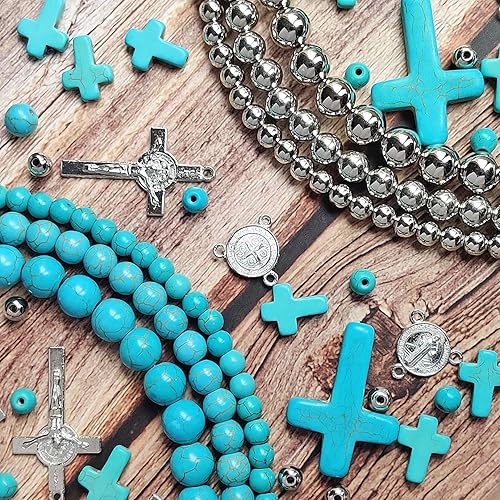 Miniatura 10 de Firstmeet Kit de fabricación de joyas con cuentas redondas turquesa y colgante de cruz, espaciador chapado en rodio y dijes de cruz para collares,
