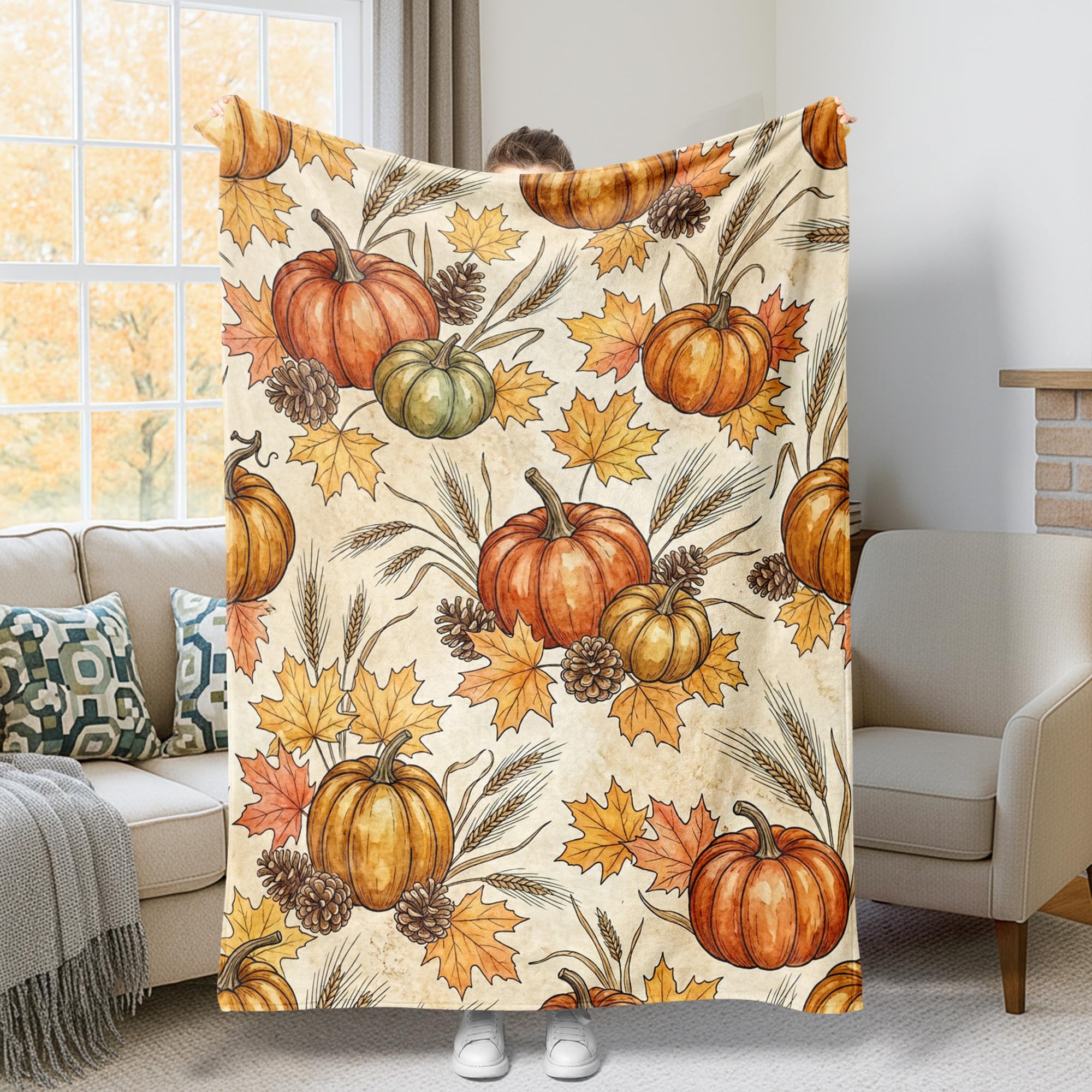 Manta de calabazas y hojas de arce decorativa color naranja otonal ligera