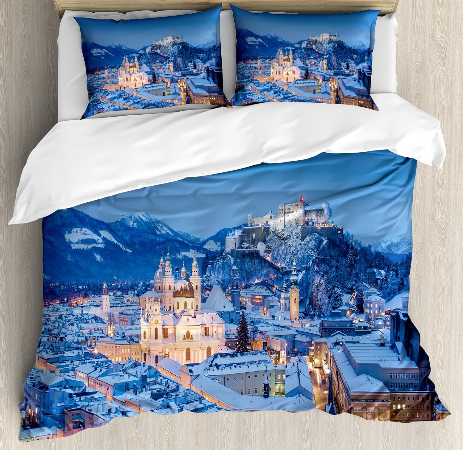 Ambesonne Winter Duvet Cover Set, Frozen Tree on Sunny Winter Morning Rising Sun Landscape Deserted Land, Decorative 3 Piece Bedding Set with 2 Pillow Shams, Queen Size, Pale Blue Cream White