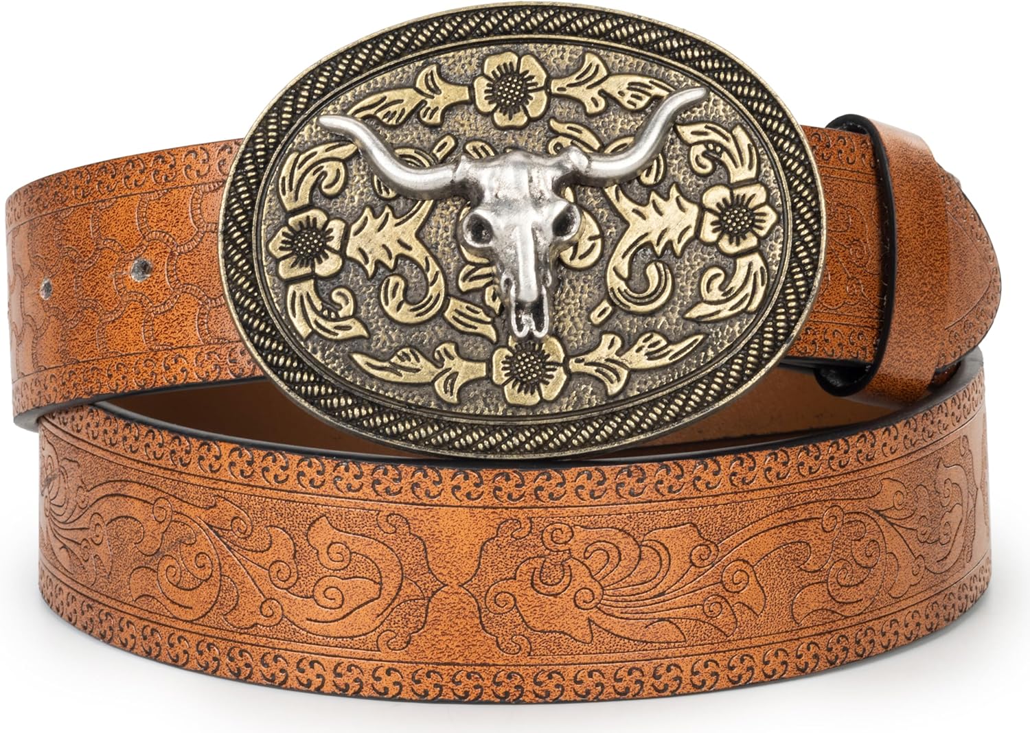 Mens Western Cowboy Belt Vintage Embossed Leather Belt With Longhorn Cow Pattern Buckle Fit 25" to 38" Waist - Image 6