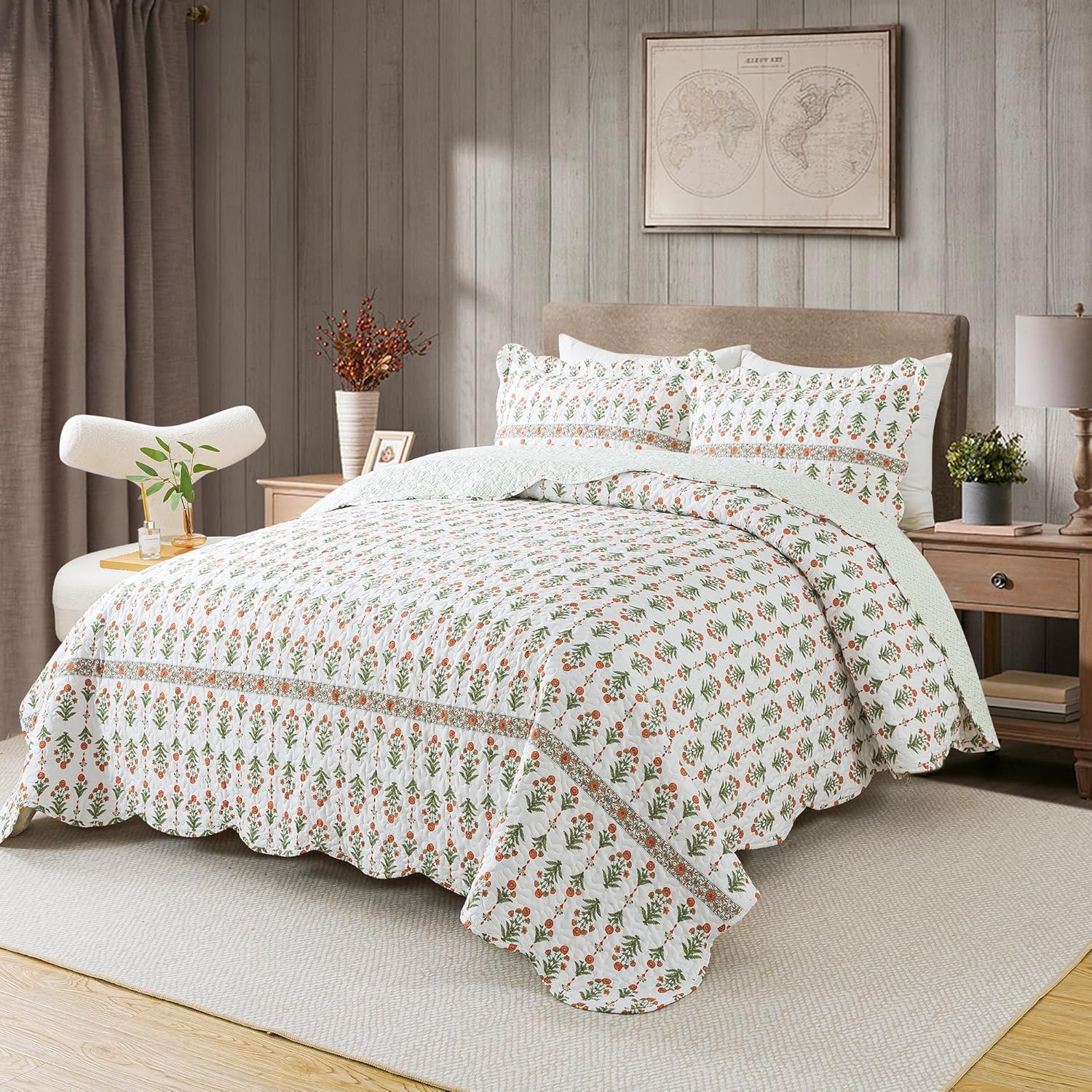 HoneiLife Quilt Sets King Size - Floral Bedspreads for King Bed, 3-Piece Wildflower Coverlets, Botanical Bed Cover King Quilt Bedding Set All Season Quilts-Sweet Grass - Image 2