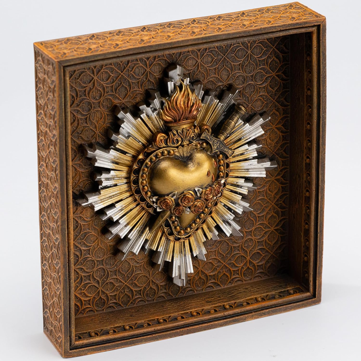 DevotedWalls Immaculate Heart of Mary Framed Wall Decor, 7.2 Inch Antique Gold Finish Catholic Art Seven Swords Roses Marian Gift Religious Home Decor
