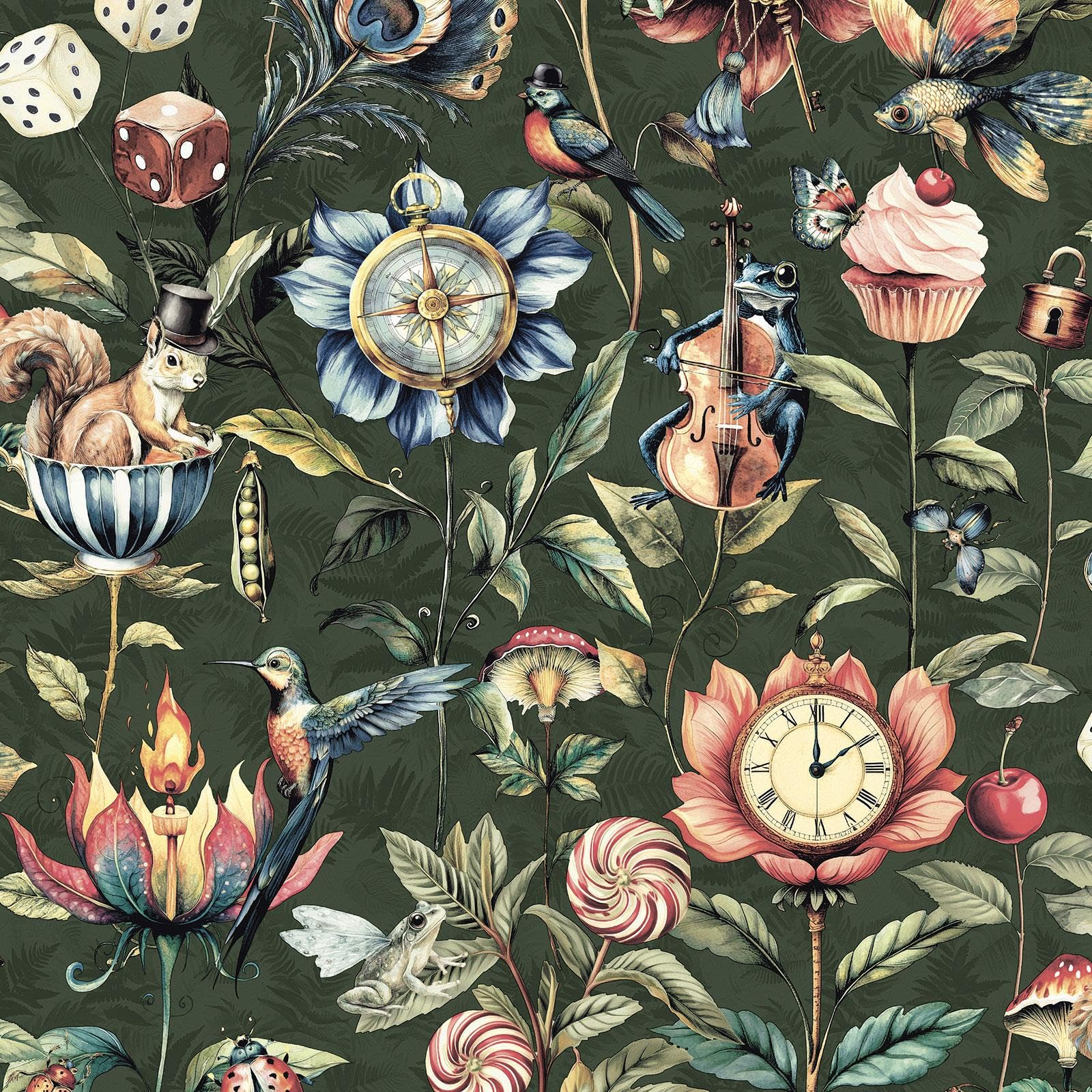Curious Creatures Eclectic Hand-Drawn Style Animals and Objects Wallpaper Perfect for Restrooms, Feature Walls, Hallways in Emeral Green Holden 13921