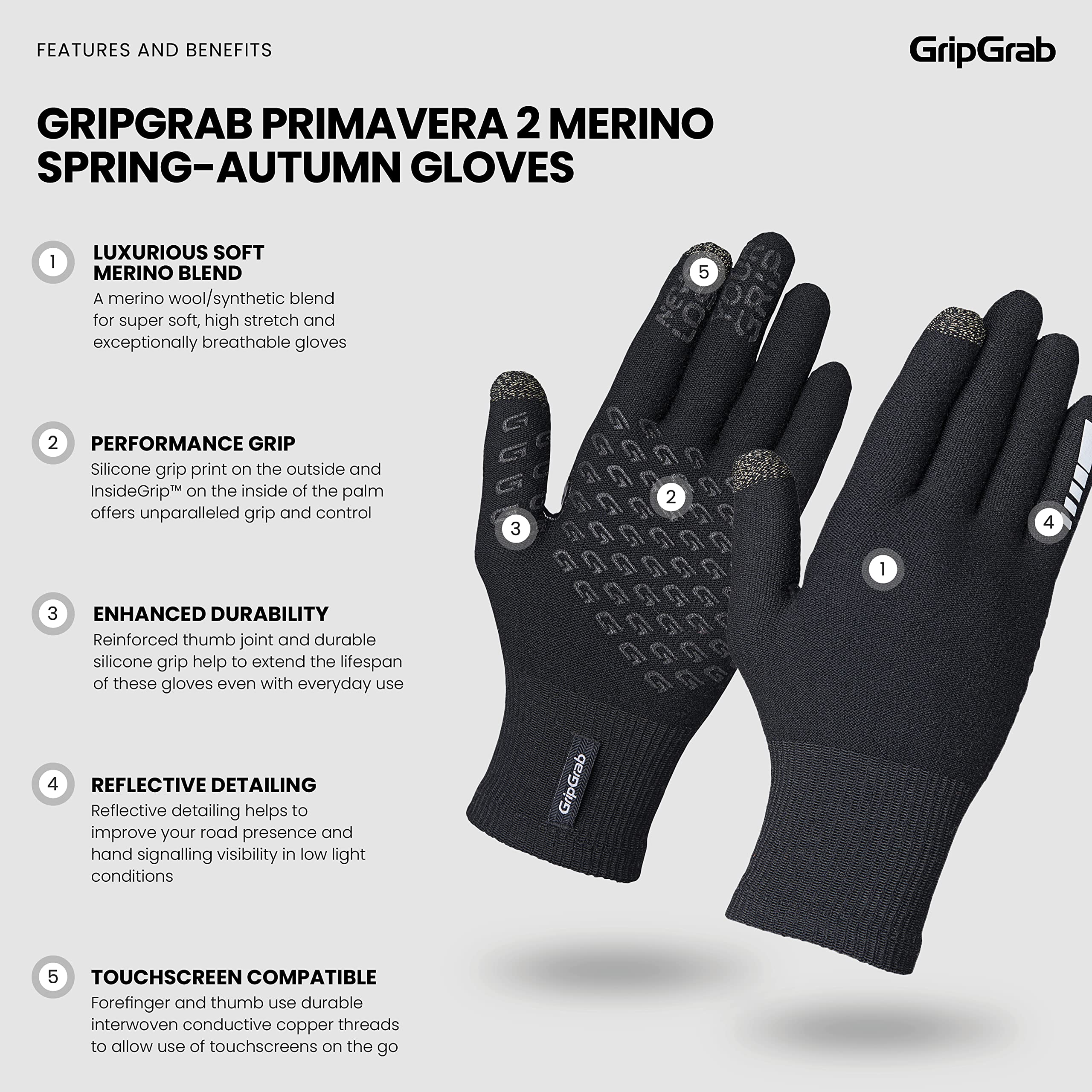 GripGrab Primavera 2 rękawice rowerowe z merynosów, termiczne, do obsługi ekranów dotykowych, na wiosnę, jesień, zimę, przejściowe