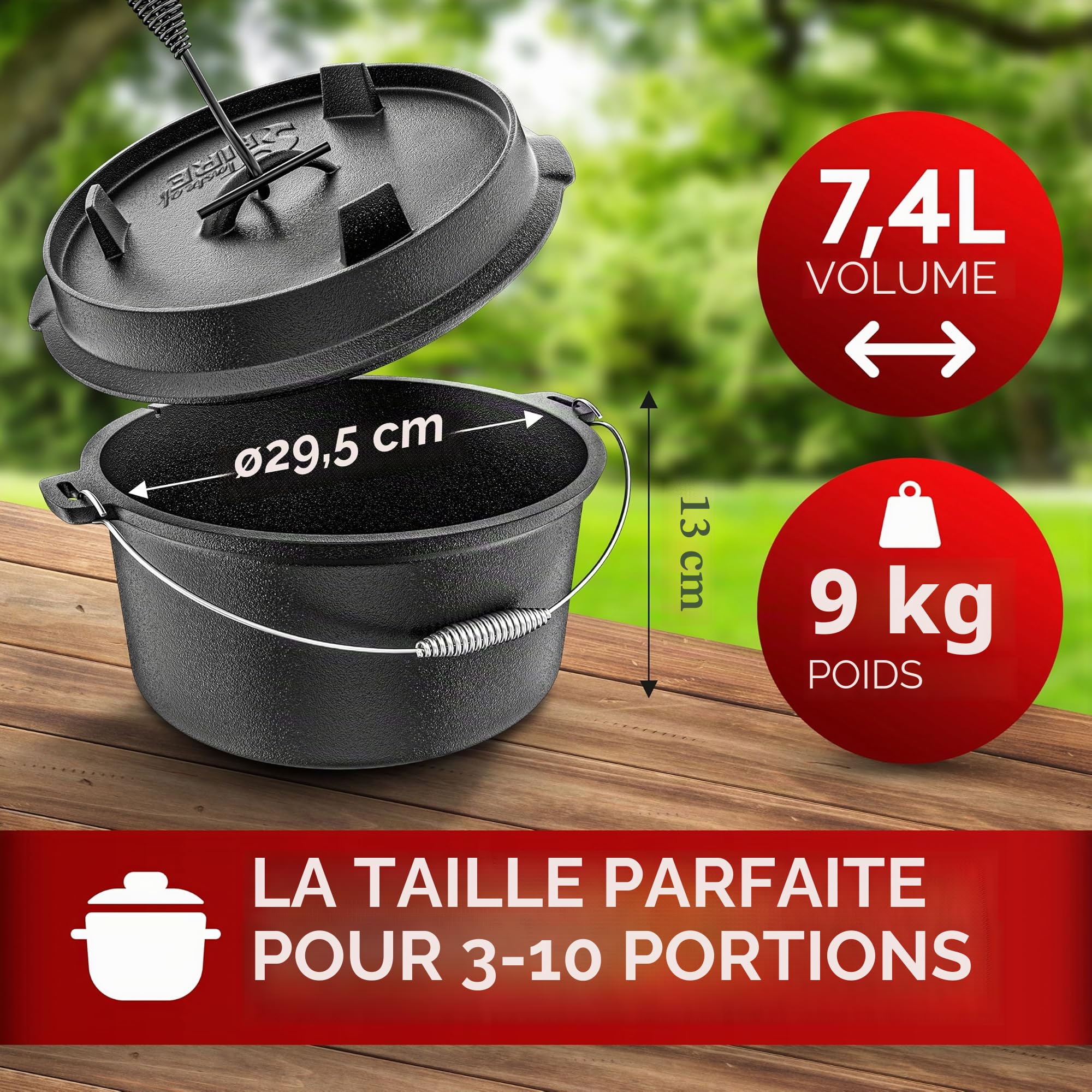 BBQ Dutch Oven - Set de cocotte hollandaise [9 l] – Compatible induction – Avec support – Marmite en fonte – Avec lève-couvercle et e-book (français non garanti)