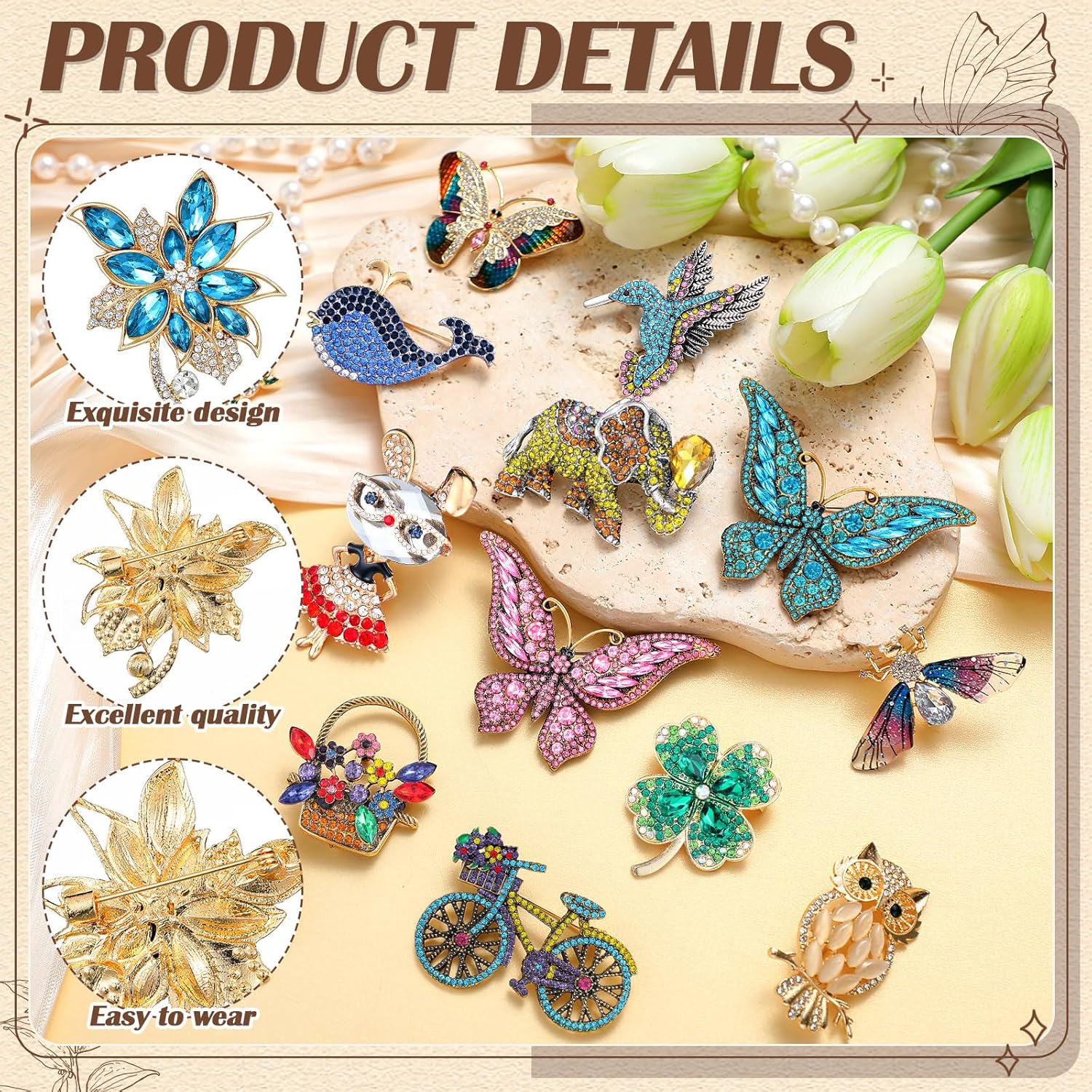 Sasylvia 16 Pcs Women Brooch Set Rhinestone Vintage Animal Insect Plant Pins Brooches Bulk for Women Girls Valentines gifts - Image 4
