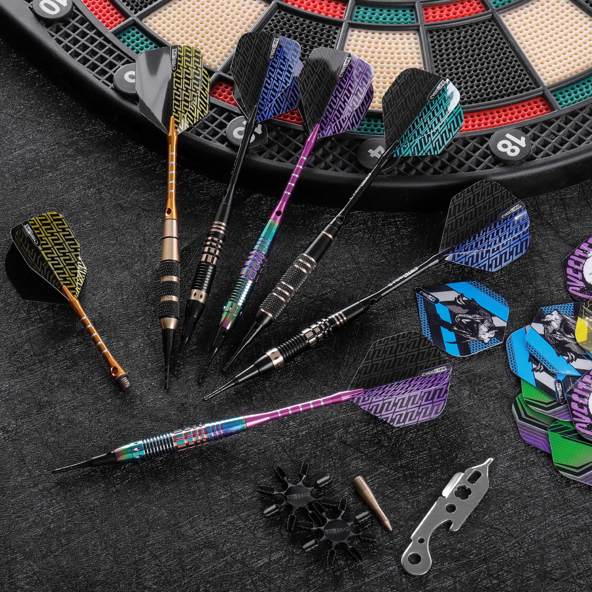 CyeeLife Fléchettes de Dart avec pointe en plastique, 12 pièces Set Premium Softdarts - Barils en laiton avec 4 designs