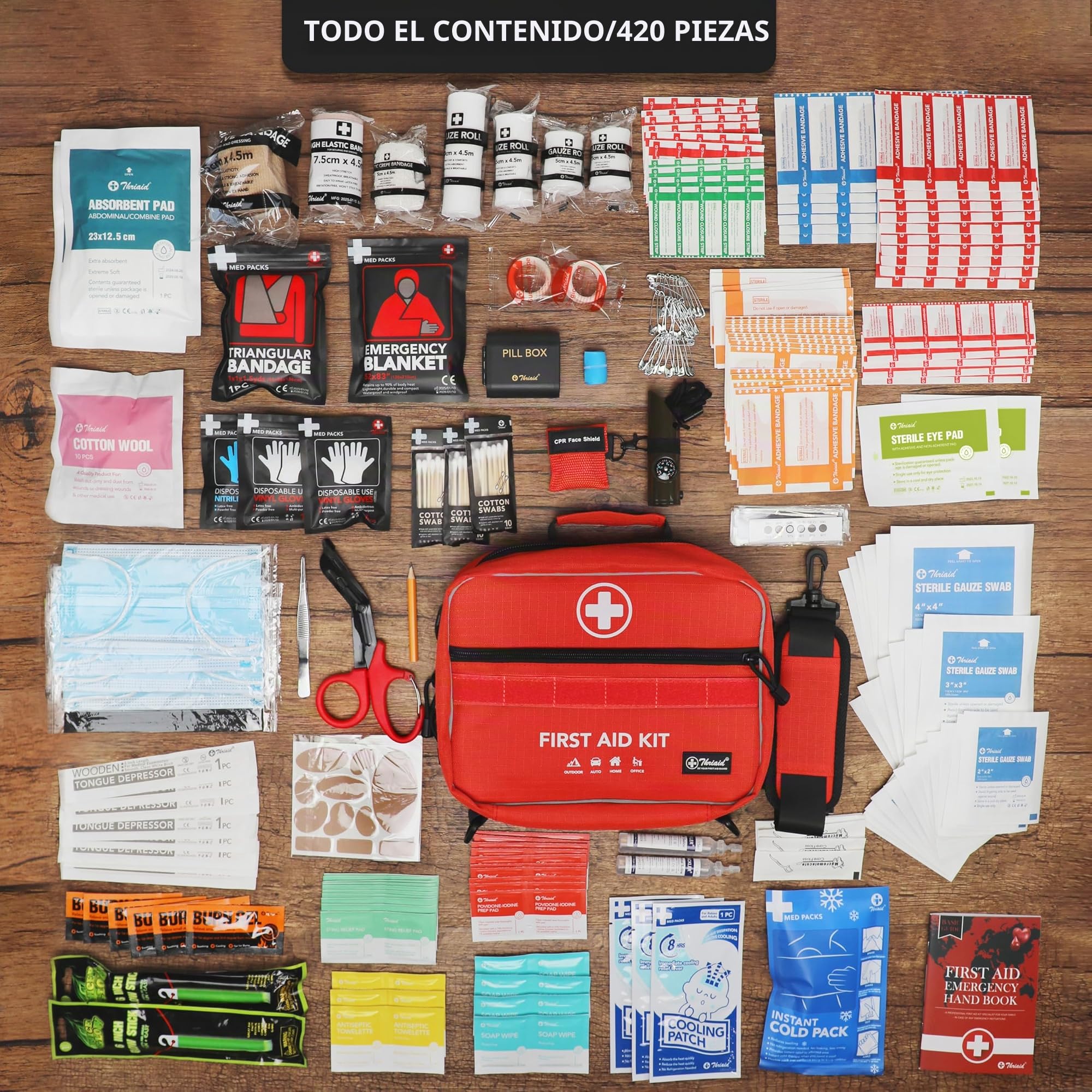 Kit de primeros auxilios de 430 piezas, bien organizado, impermeable, compacto, para cualquier emergencia, ideal para el hogar, oficina, coche, viajes, al aire libre, camping, senderismo, navegación