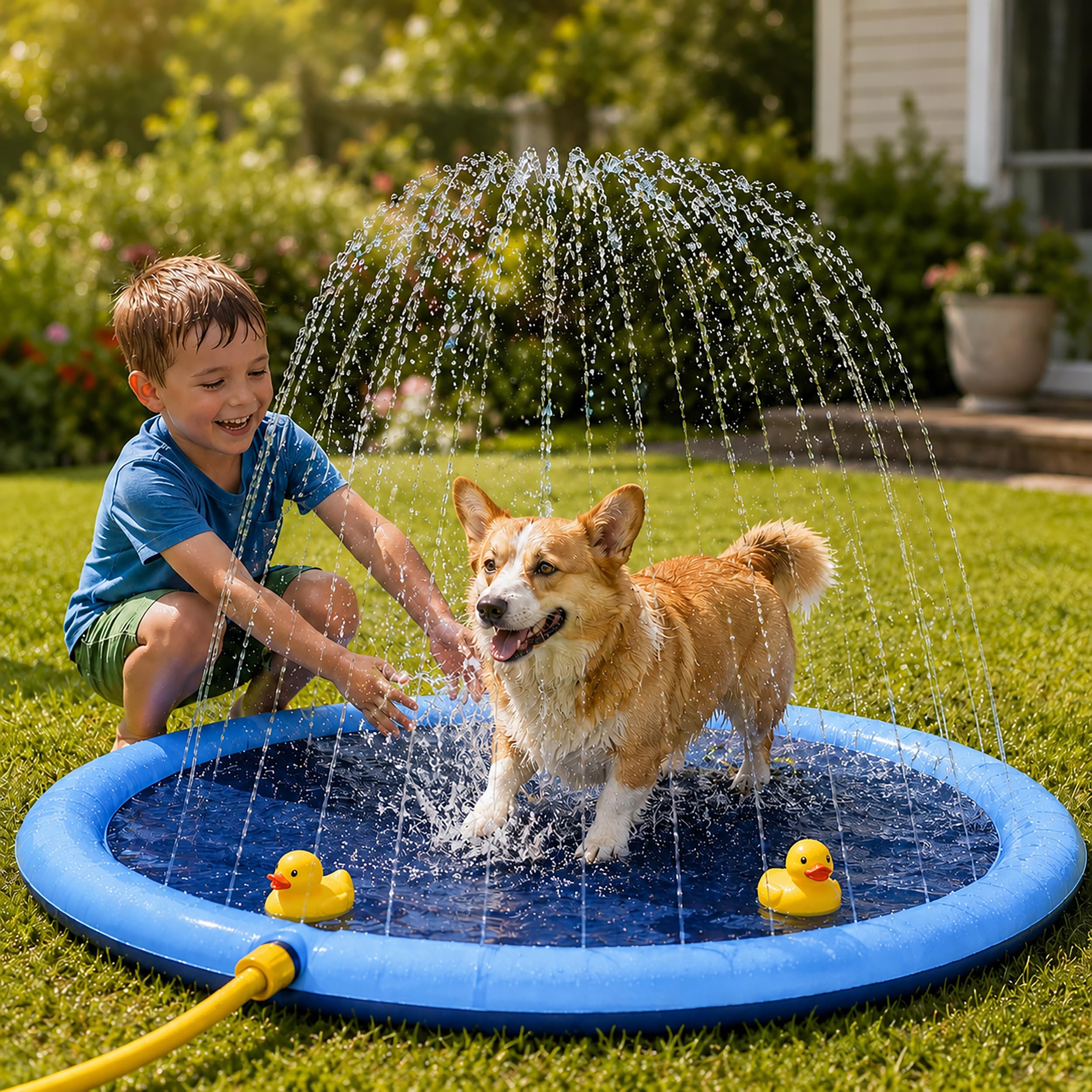 BESCH Piscina para Perros 100 cm, Splash Pad para Perros con Aspersor 360°, Alfombrilla de Agua Antideslizante de PVC, Conexión a Manguera, Plegable para Jardín, Patio y Juegos de Verano