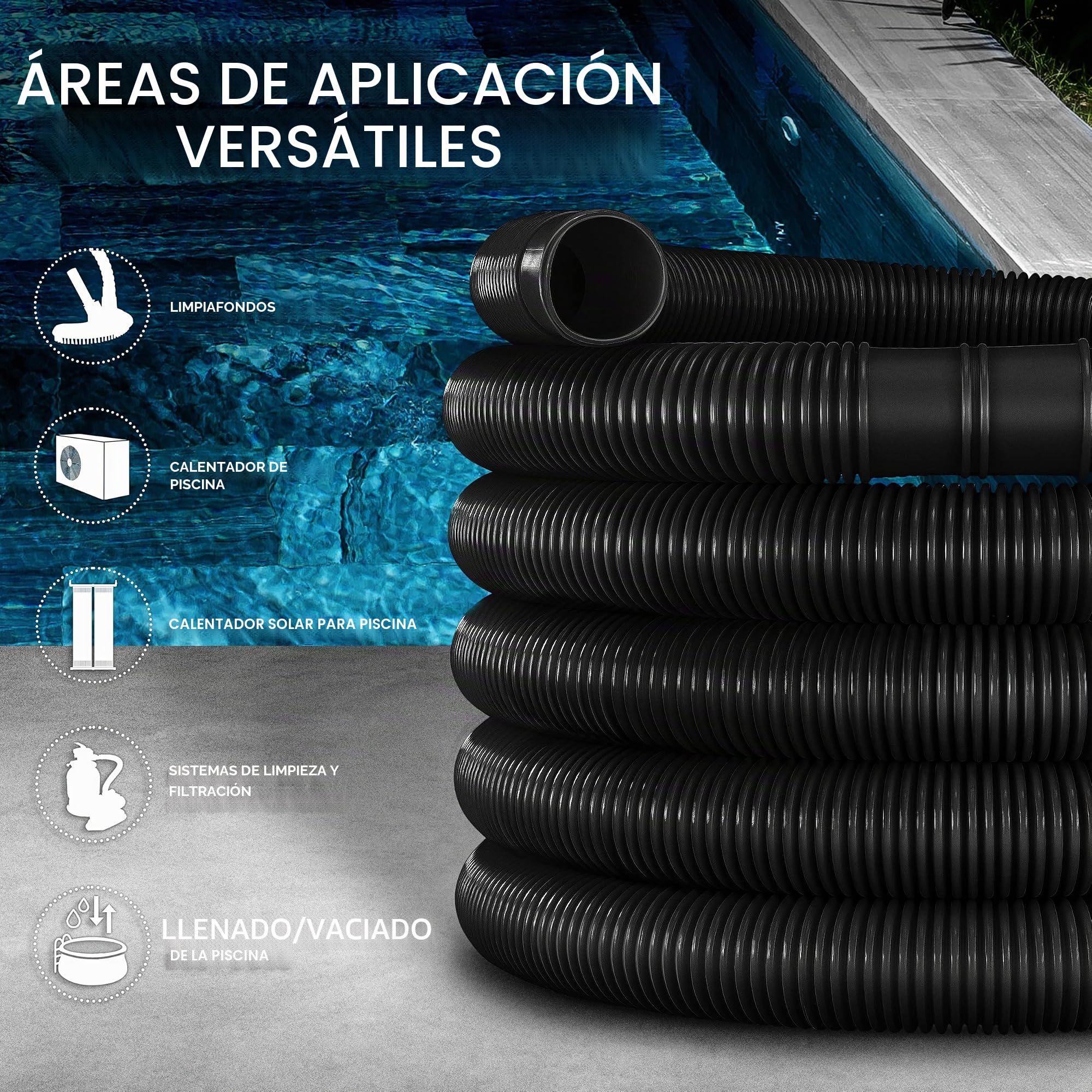tillvex Manguera Flexible Solar de Piscina 32-38 mm para Bombas, Depuradoras y Cloradores (Negro, 20m / 38mm)