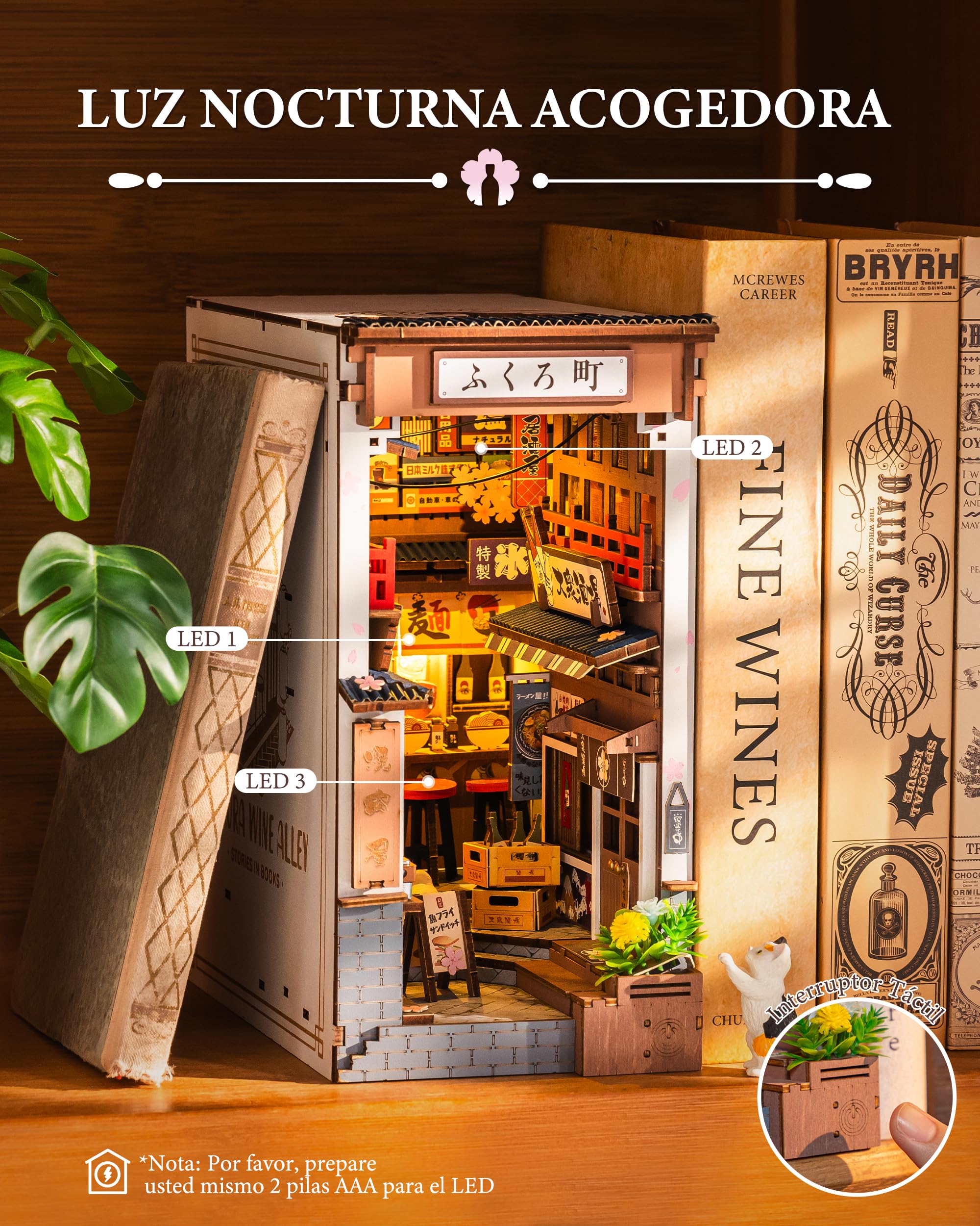 Rolife Book Nook Kit Casas Miniaturas para Montar Sakura Wine Alley Puzzle Madera 3D Adultos con Luces Decoracion Hogar Libro Maquetas para Construir Adultos Regalo para Profesora Madre Niños