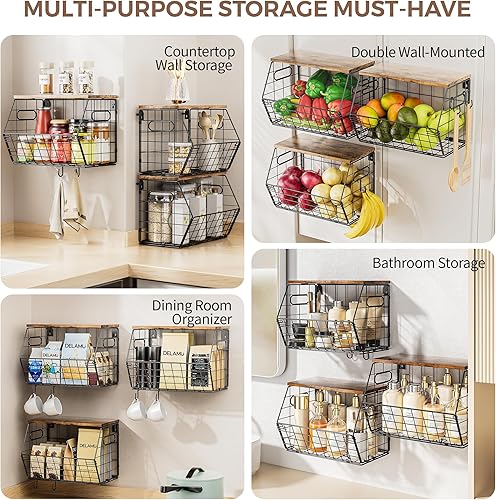 Miniatura 6 de Delamu Cesta de frutas apilable de metal con tapa de madera, paquete de 3, organizador de pared colgante para encimera de cocina, almacenamiento de