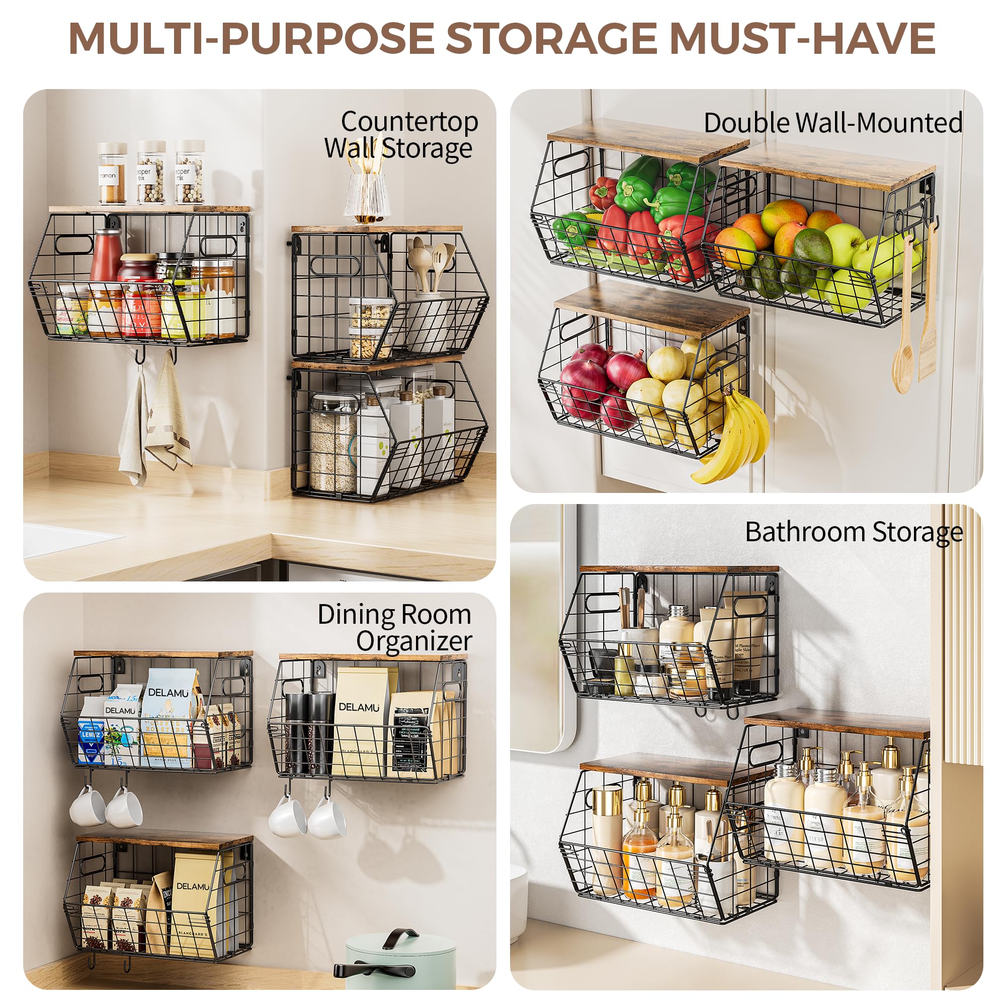 Delamu Cesta de frutas de metal apilable con tapa de madera, paquete de 3, organizador de pared colgante para encimera de cocina, almacenamiento de despensa para cebollas, patatas, garli, frutas