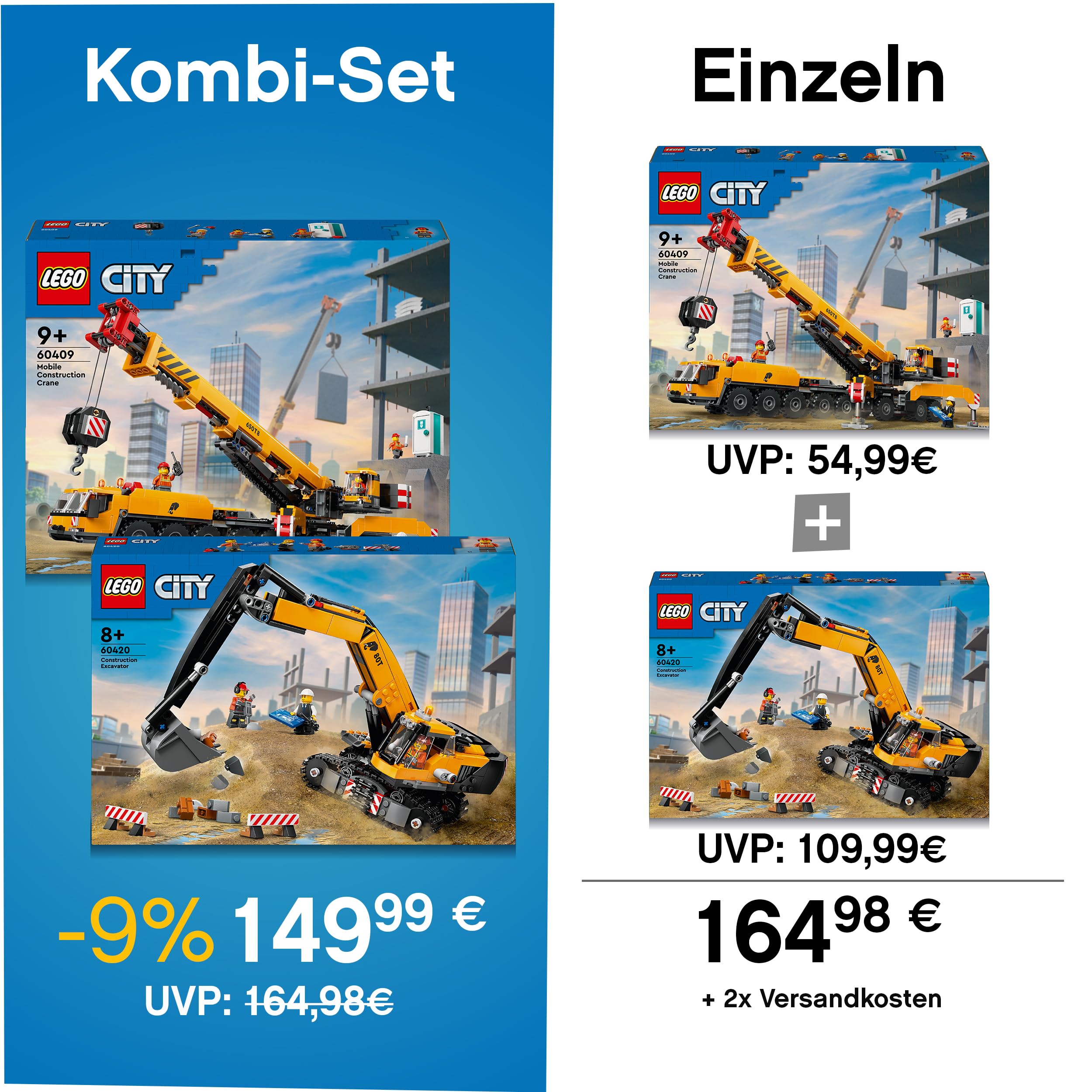 LEGO City Kran & Bagger, Baustellen Bundle mit Mobiler Baukran (60409) und Raupenbagger (60420), LEGO Fahrzeuge Kombi-Set ab 9 Jahren - LEGO City Neuheiten 2024