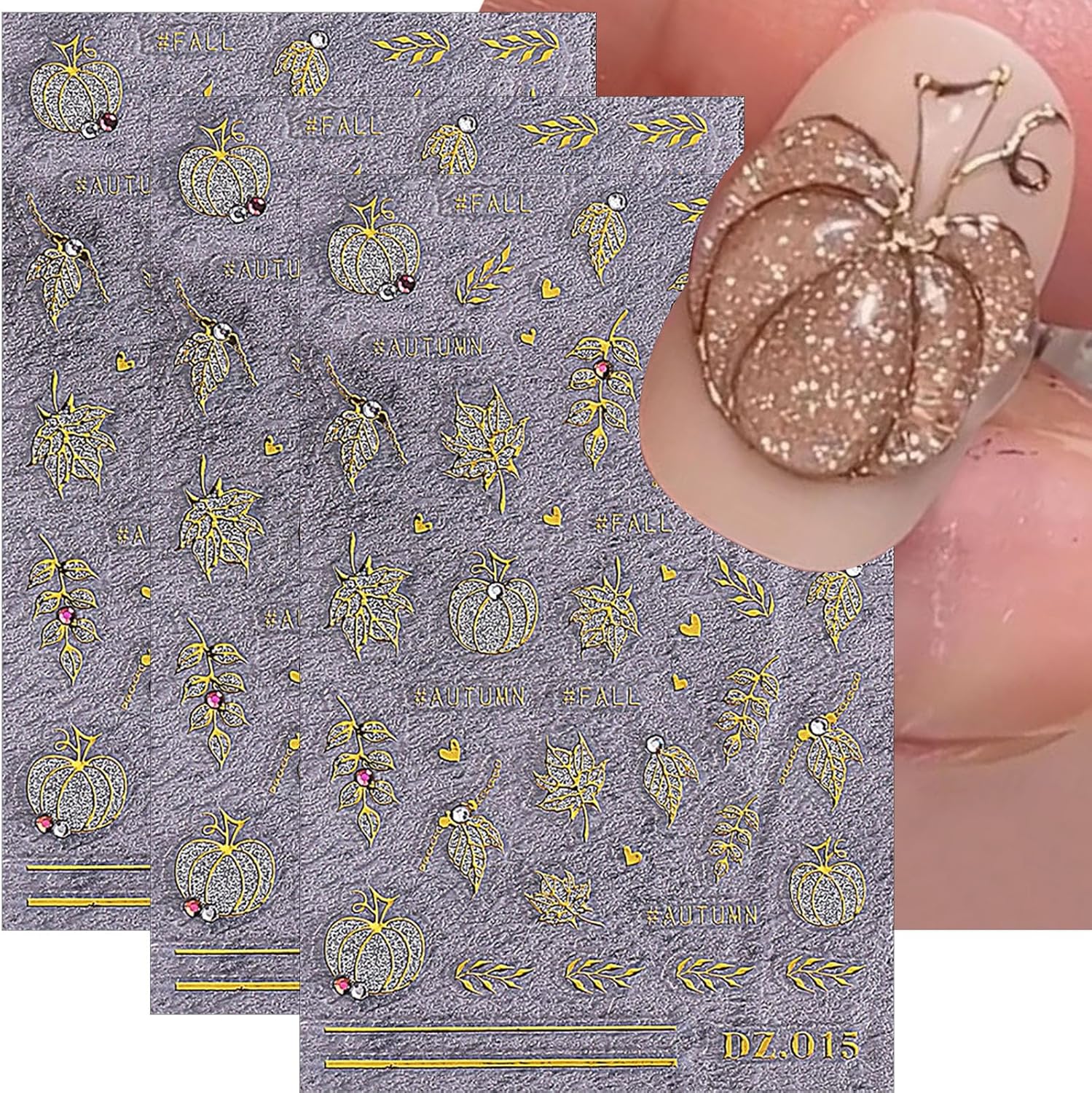 Fall Nail Art Stickers Glitter Pumpkins Leaf Nail Decals 3PCS 5D Embossed Self Adhesive Autumn Leaves Pumpkin Rhinestone Design Nail Art Supplies DIY Slider Manicure Accessories for Women Nail Charms image 3