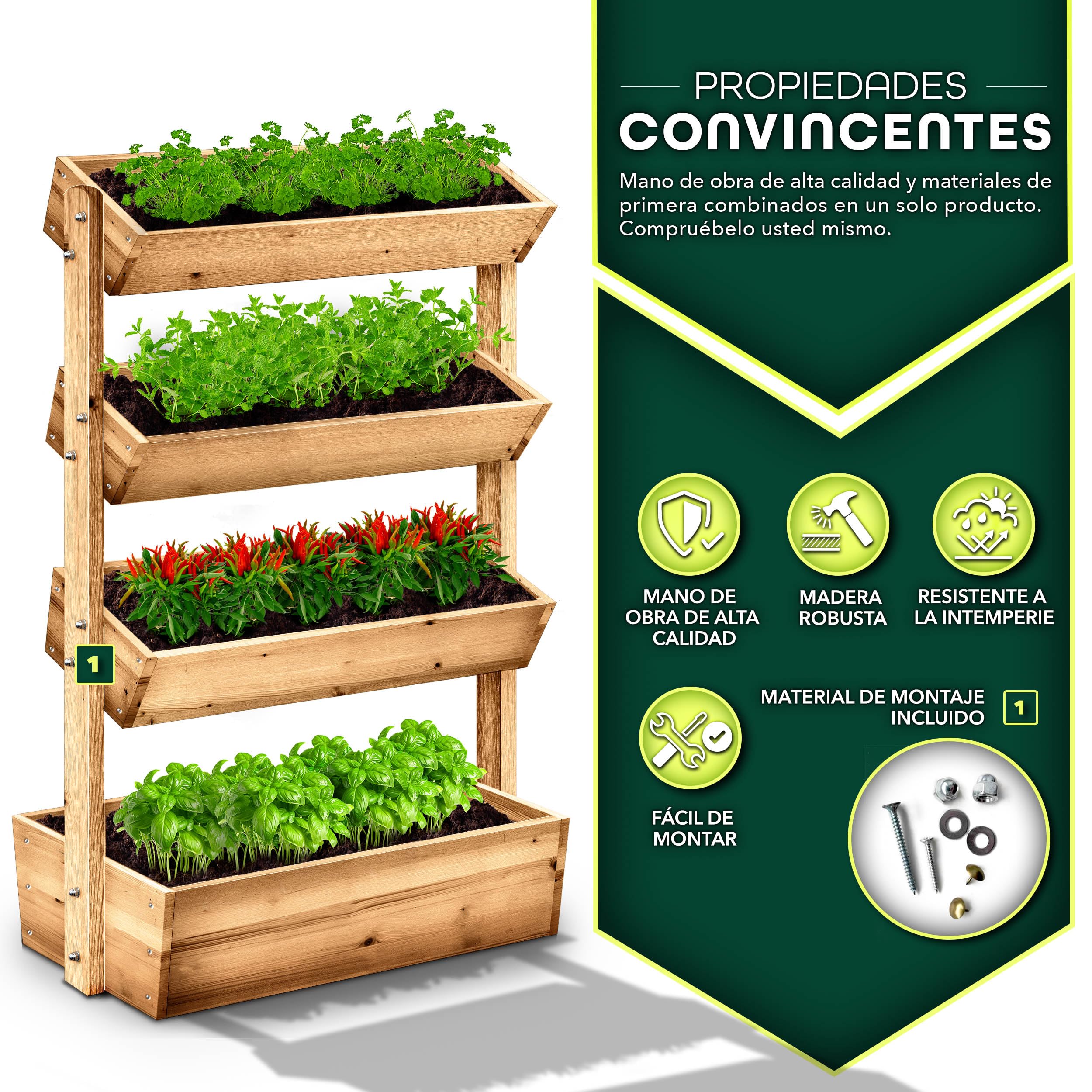 tillvex® Jardinera de madera con 4 niveles, jardinera premium fieltro para jardín, escalera para plantas, terraza, balcón y jardín, arriate Elevado de verduras, bancal de hierbas, semillero de flores