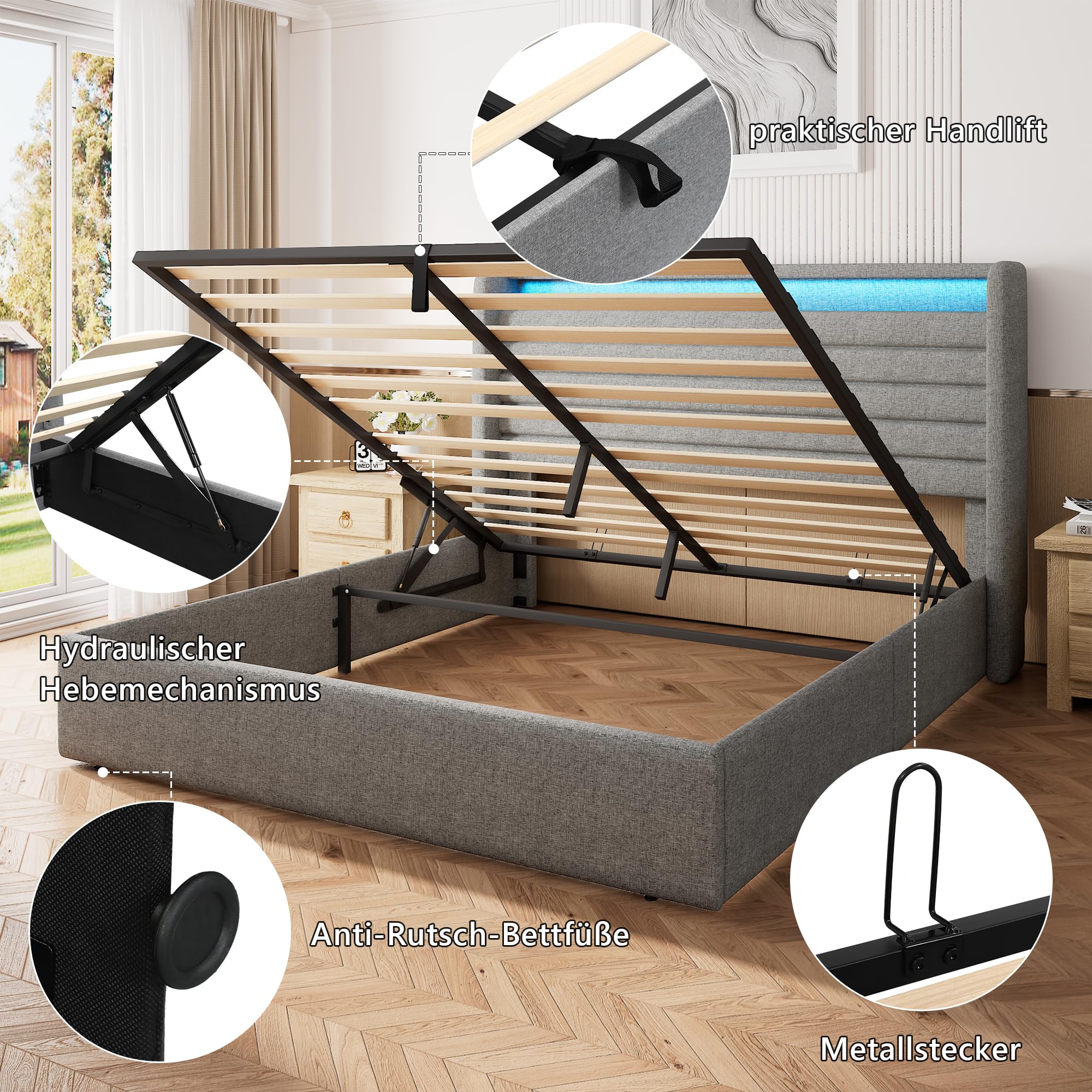 FEONASE Cama de 140 x 200 cm con Espacio de Almacenamiento, Cama Doble tapizada de 140 x 200 cm con cabecero hidráulico y de Lino, Espacio de Almacenamiento, Estructura de Cama con somier, Espacio de