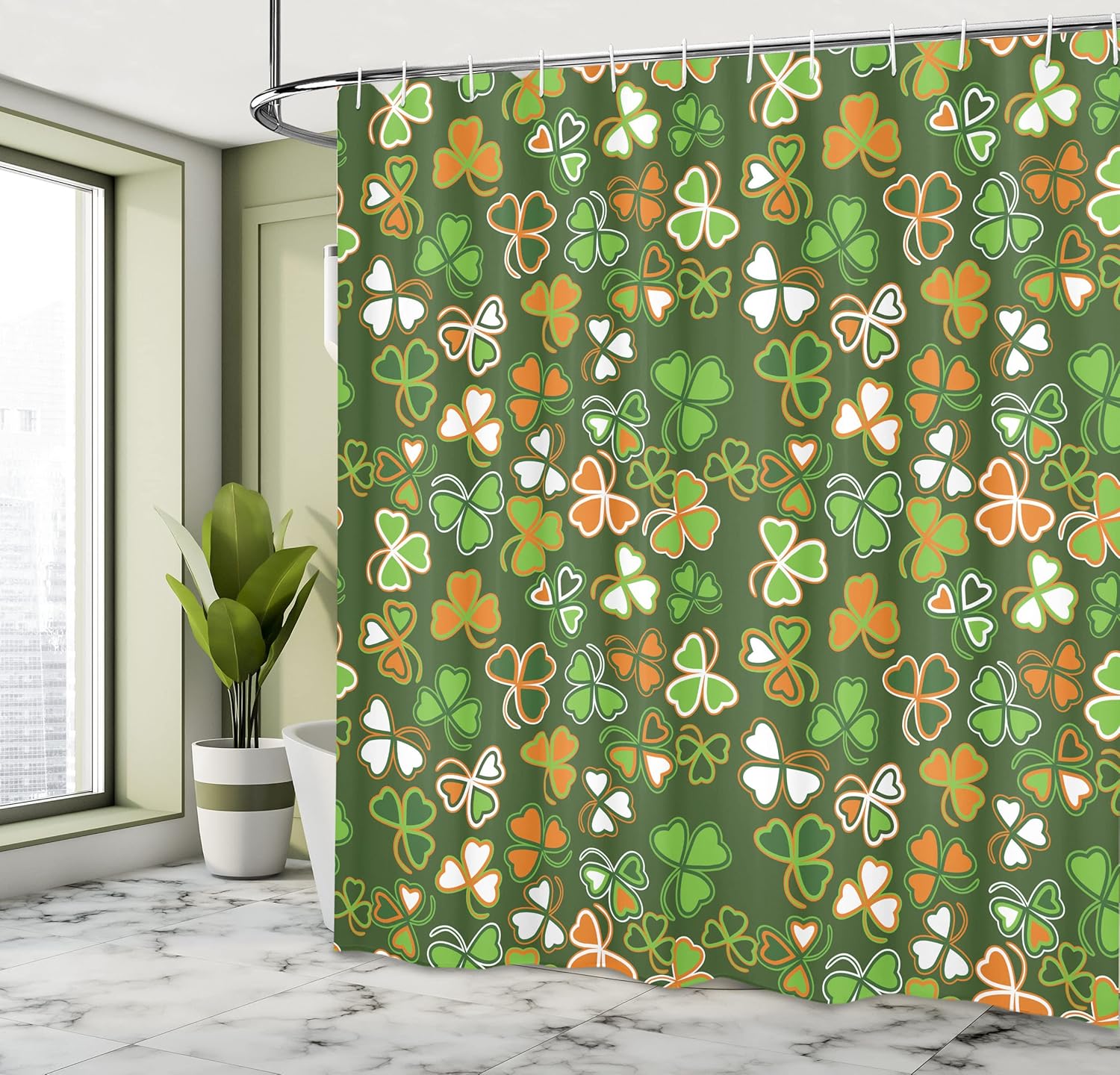 Ambesonne St. Patrick's Day Shower Curtain, Lucky Shamrocks Pattern Irish Clover Celebration Day Party Prints, Cloth Fabric Bathroom Decor Set with Hooks, 69" W x 70" L, Green and Orange