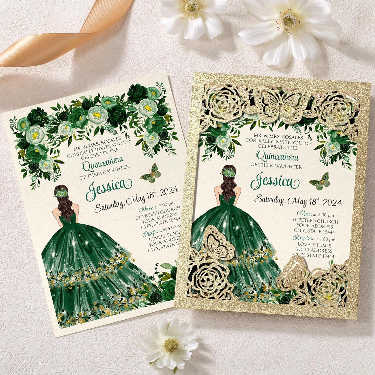 DORIS HOME 50Pcs Glitter Gold Butterfly Invitations for Quinceanera, 15 year, Sweet 16, Miss XV, 5.12" x 7.12" Birthday Laser Cut Quince Invitation Cards(No Inserts Included)