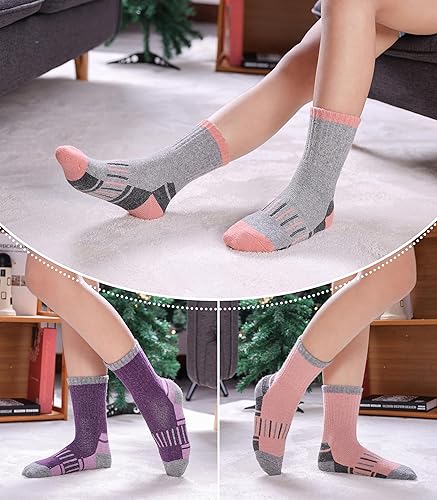 Miniatura 5 de LINEMIN Calcetines de senderismo de lana merino para niños y niñas, cálidos, gruesos, térmicos, acolchados, para invierno, 6 pares