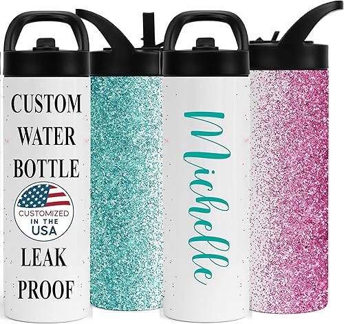 Botella de agua personalizada con tapa abatible de 25 onzas botella de agua para gimnasio taza de viaje 254fl oz efecto purpurina rosa con nombre