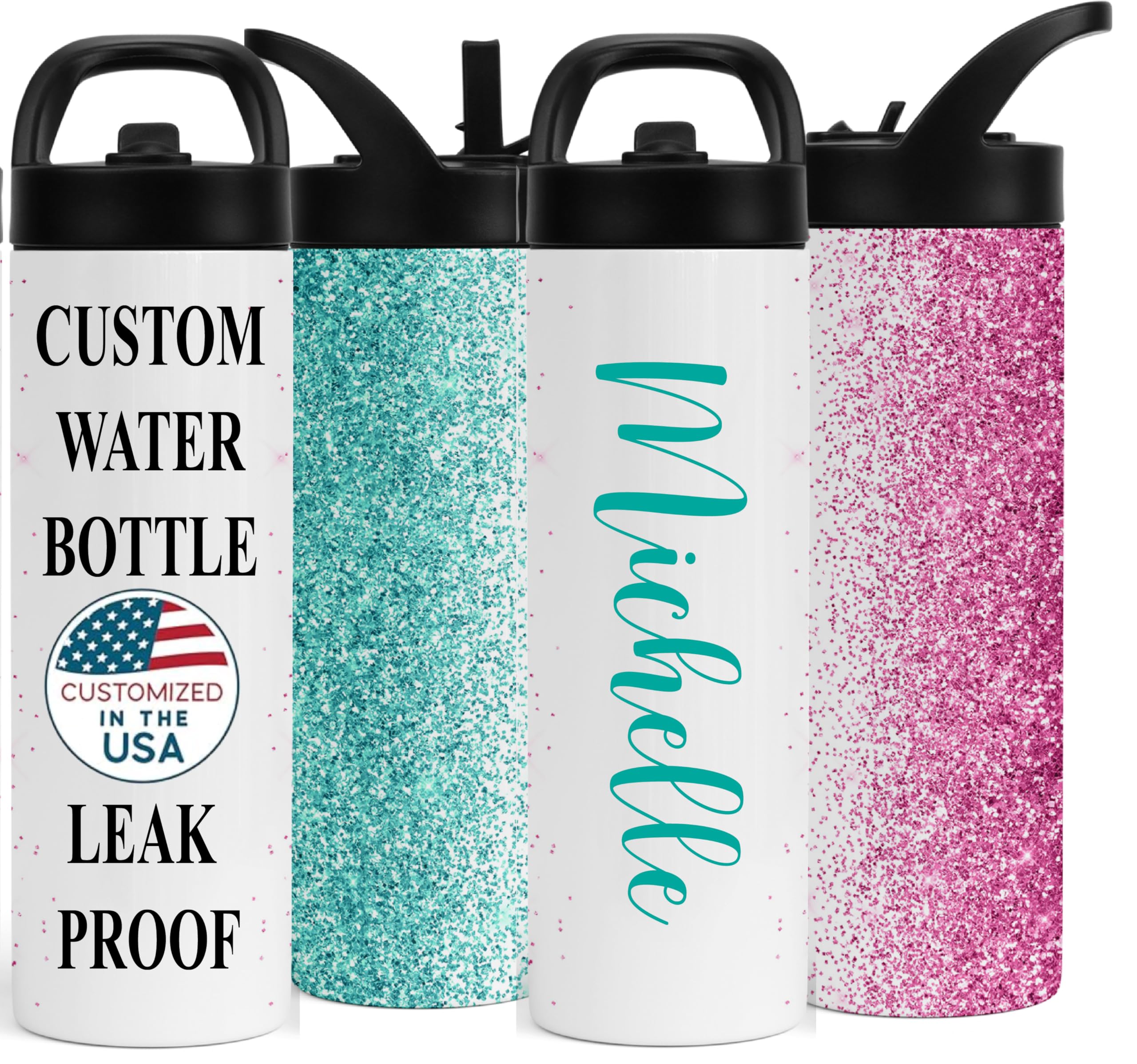 Personalized Water Bottles 20oz | Gym | Summer Camp Bottle | Pink Glitter Effect with Name | Custom Back to School Tumbler