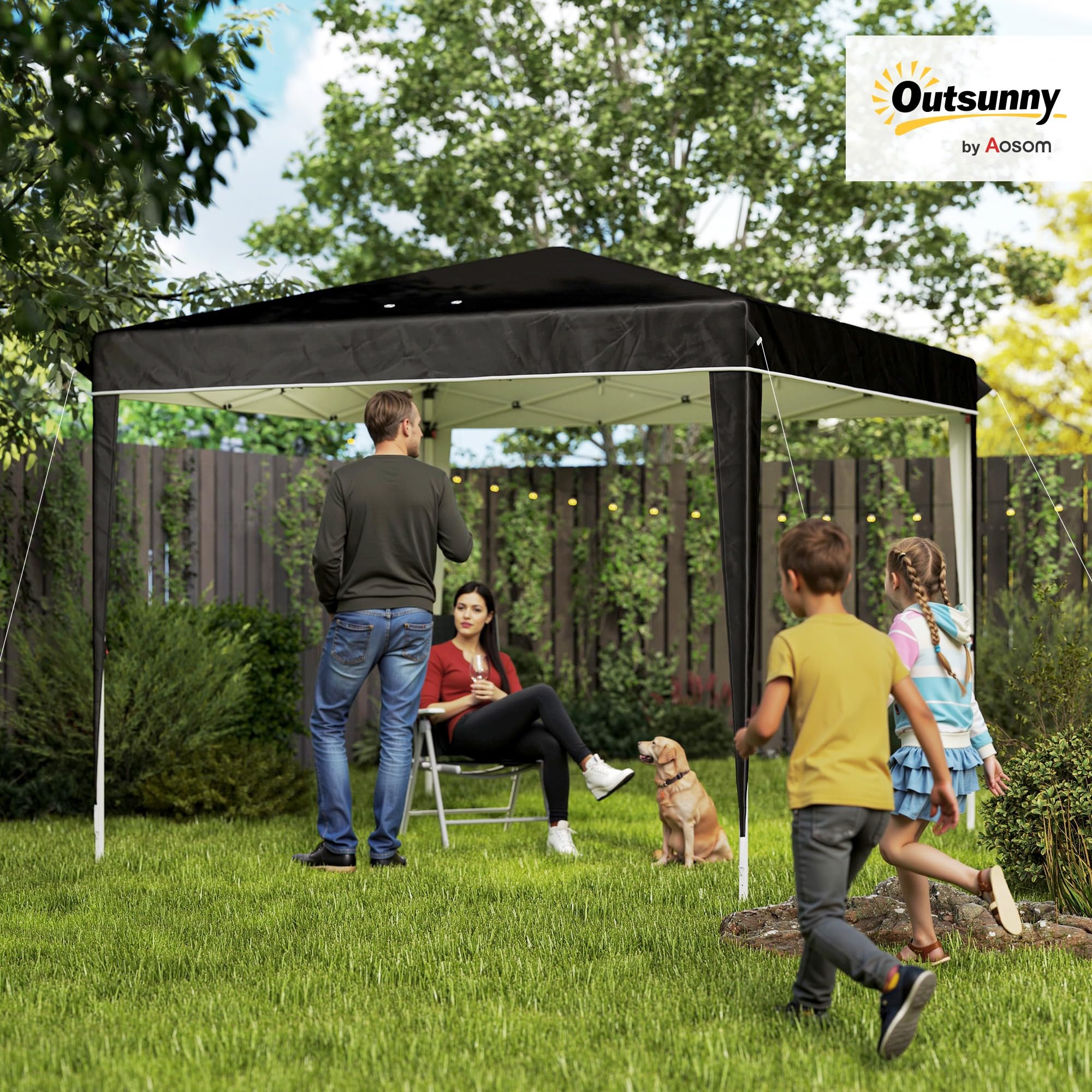 Outsunny Gazebo 3x3 m Pieghevole Pop Up Regolabile da Esterno Nero | Fori di Drenaggio, Metallo e Tessuto Oxford, Sacca di Trasporto, UV50+, per Giardino Feste Campeggio