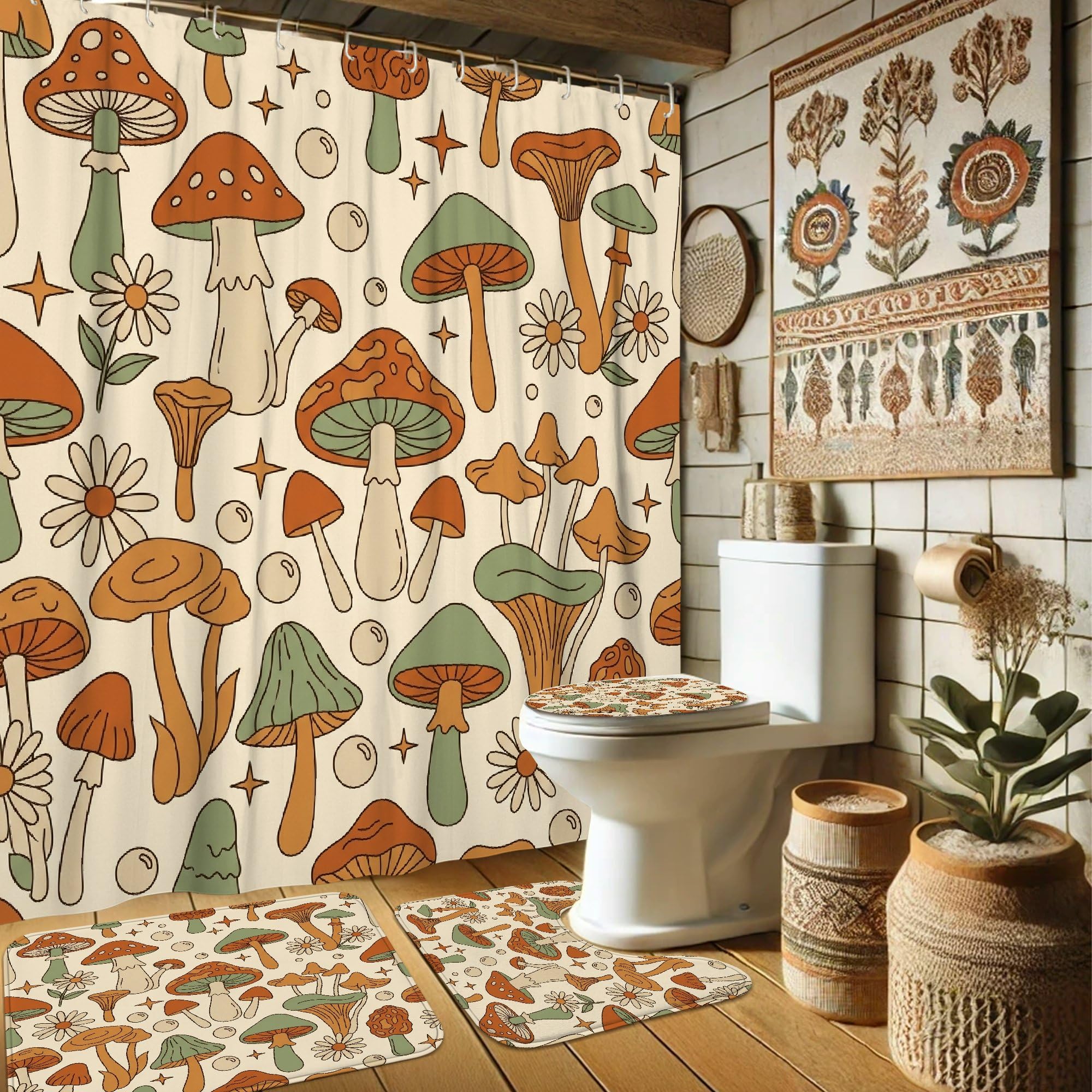 Rideau de douche champignons lavable en tissu imperméable orange avec crochets