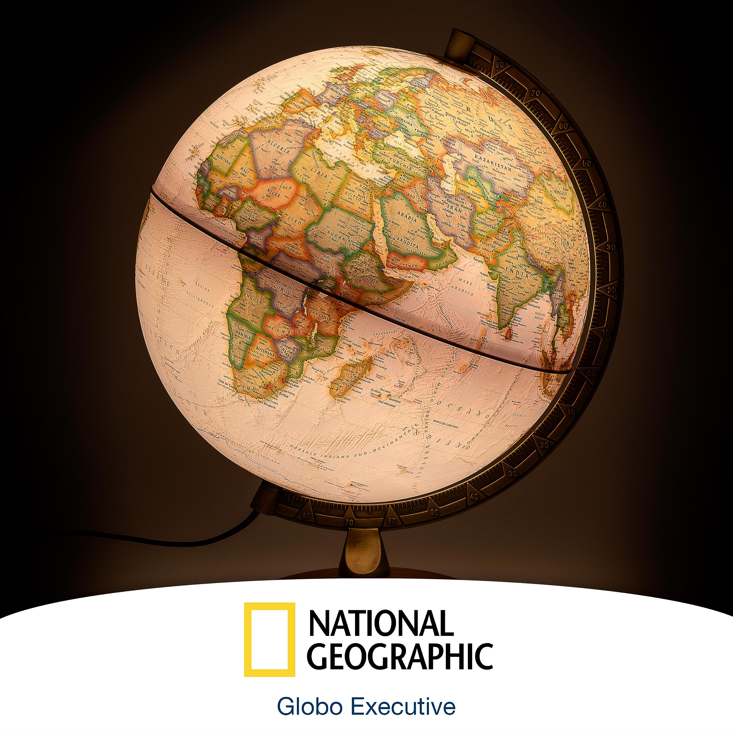 National Geographic - Mappamondo illuminato in stile Executive -30 cm con base stabile e meridiano in metallo, immagine della mappa 2022 fisica/politica con luce LED, immagine della mappa italiana