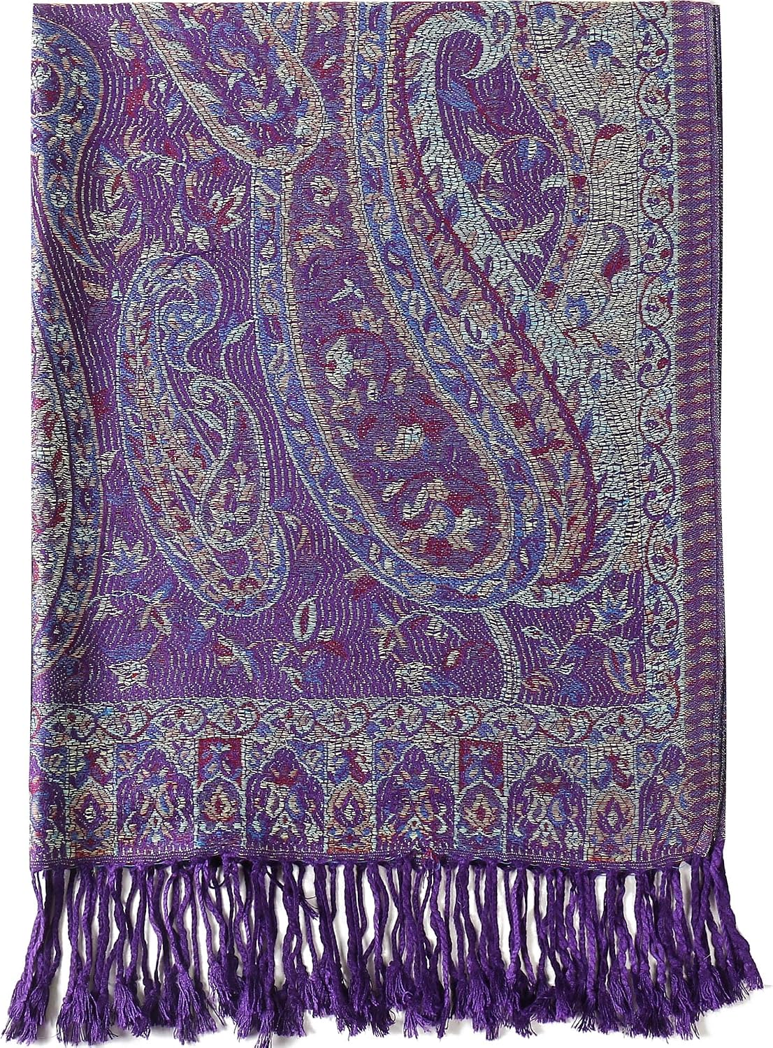 Silky Pashmina Paisley Flowers Borders Shawl Scarf Wrap Jacquard Reversible With Tassels Soft