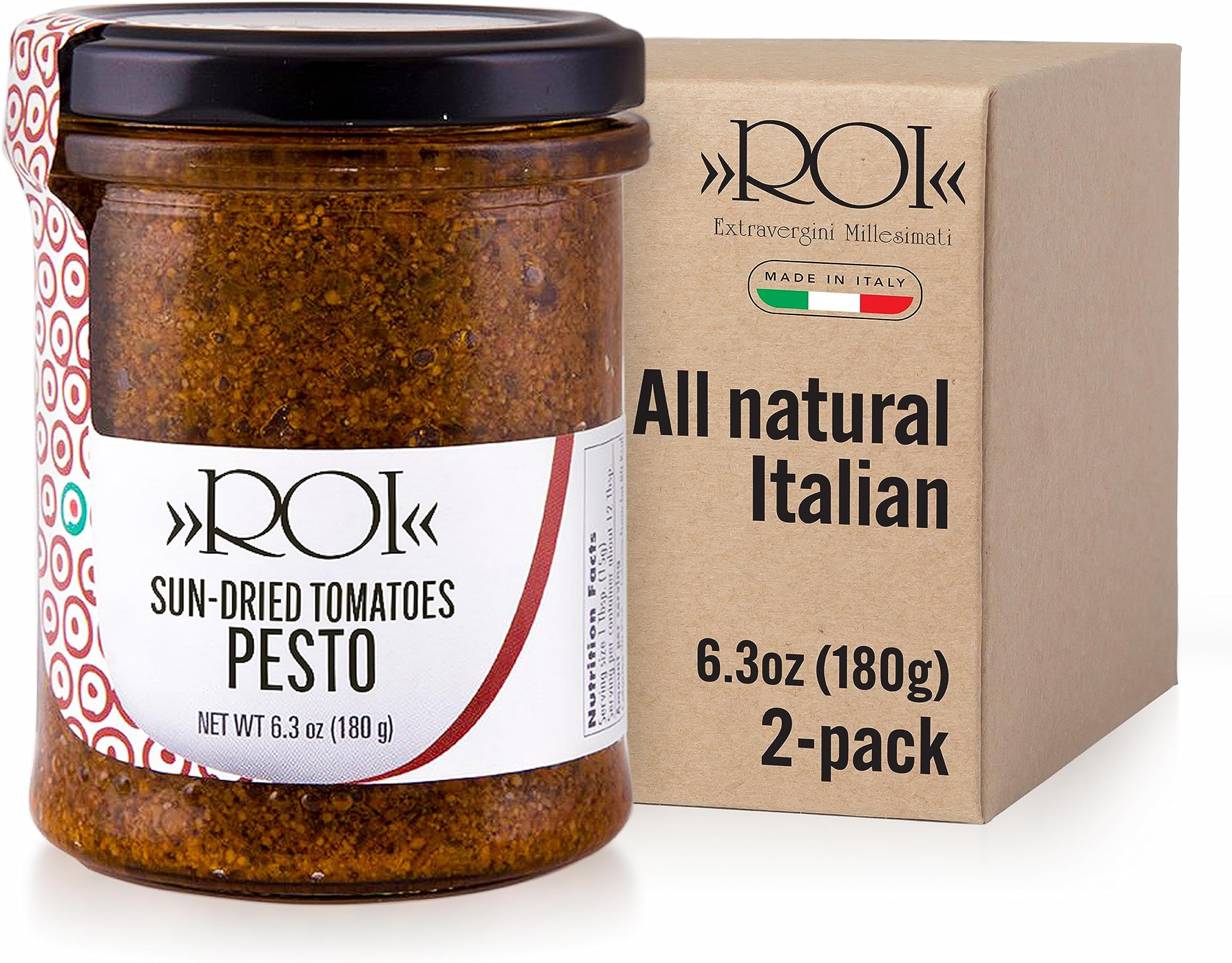 ROI Red Pesto - Sundried Tomato Pesto Sauce Made With Sundried Tomatoes, Genovese DOP Basil, and EVOO, Gluten-Free, Keto-Friendly Fresh Ligurian Sauce, Non-GMO, Made In Italy 6.3 oz (180 g) - Pack 2