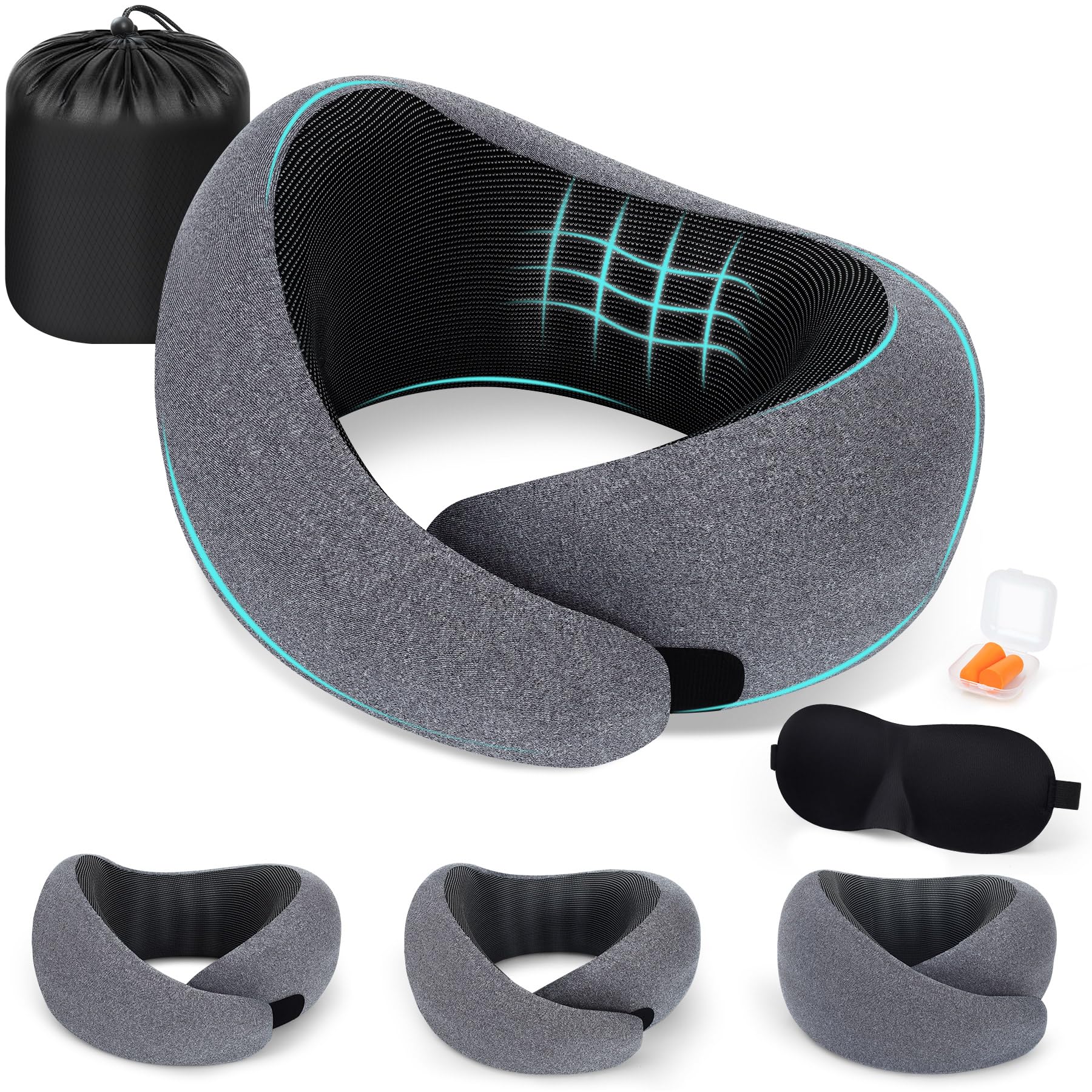 Zepphi Zepphi Almohada de Viaje para Cuello, Cojin Cervical Viaje 100% Espuma Memoria, Almohada Cuello con Máscara de Ojos 3D, Tapones y Bolsa, Ideal para Oficina Avión Tren Coche Oficina (Gris)