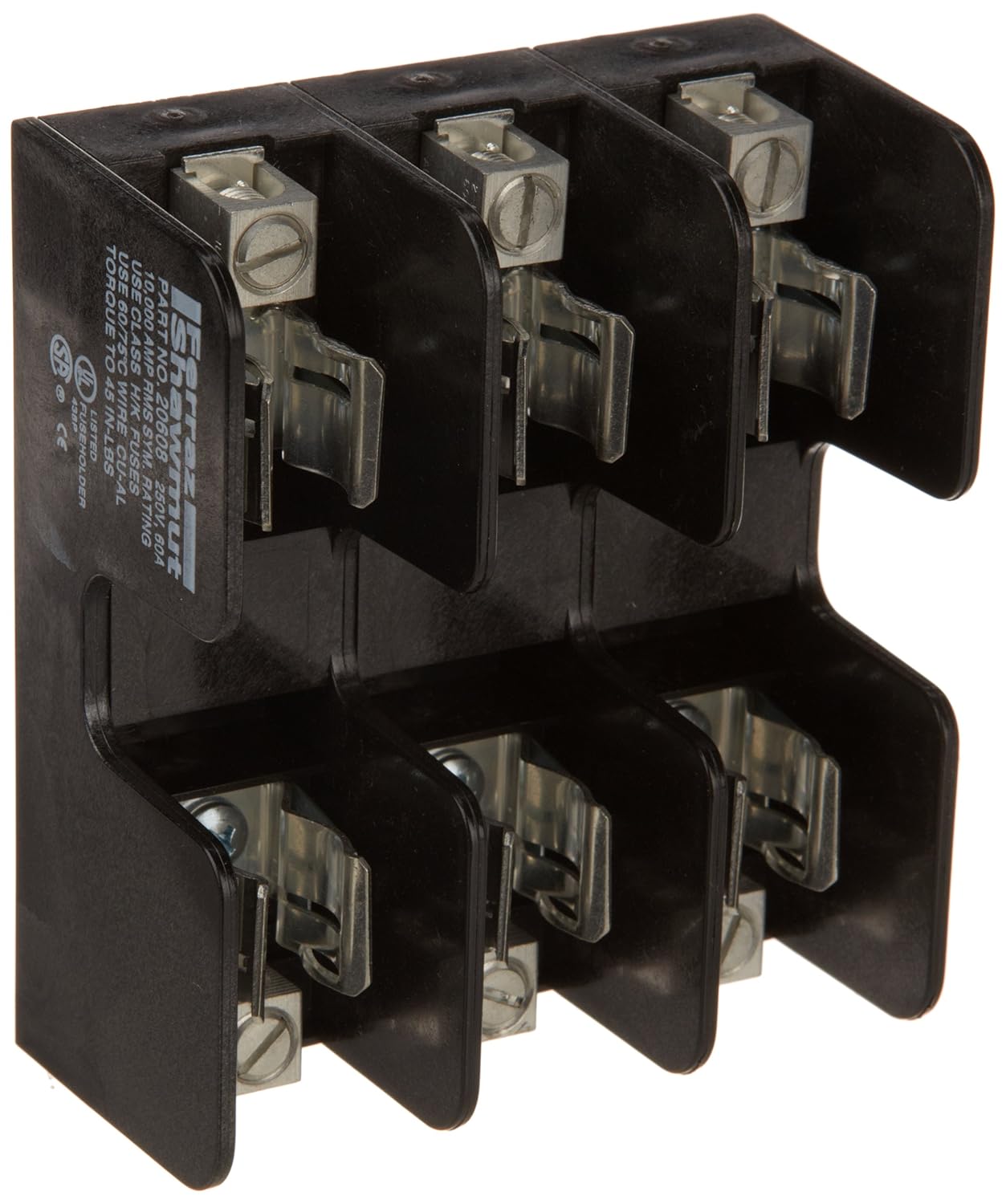 Mersen 20608 One-Time Class K-5 Recommended Fuse Block with Box Connector, 250V, 31-60 Ampere, 3 Pole