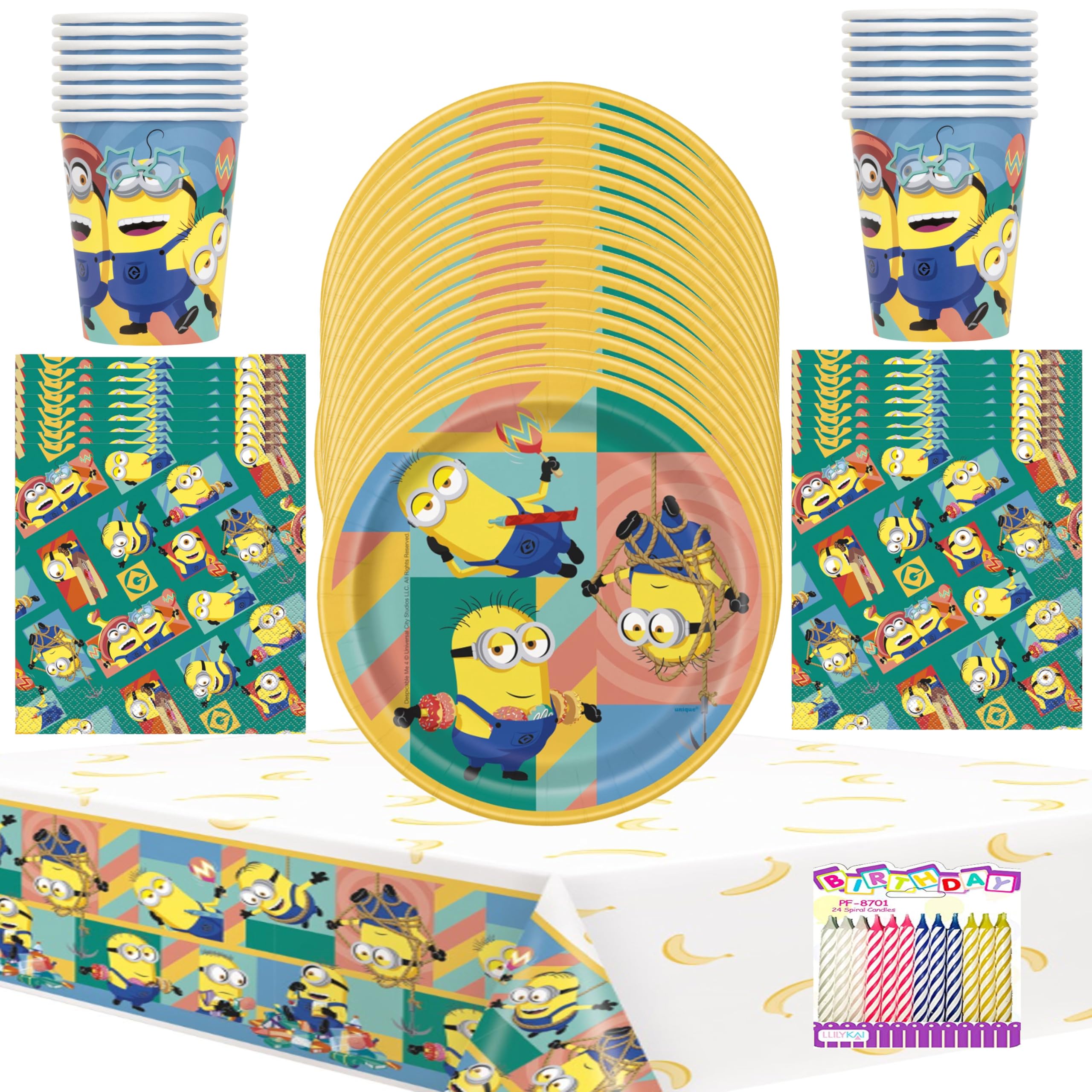 Despicable Me Party Supplies Pack for 16 Guests | Officially Licensed | Dessert Plates, Napkins, Cups, and Table Cover Includes Birthday Candles | Fun