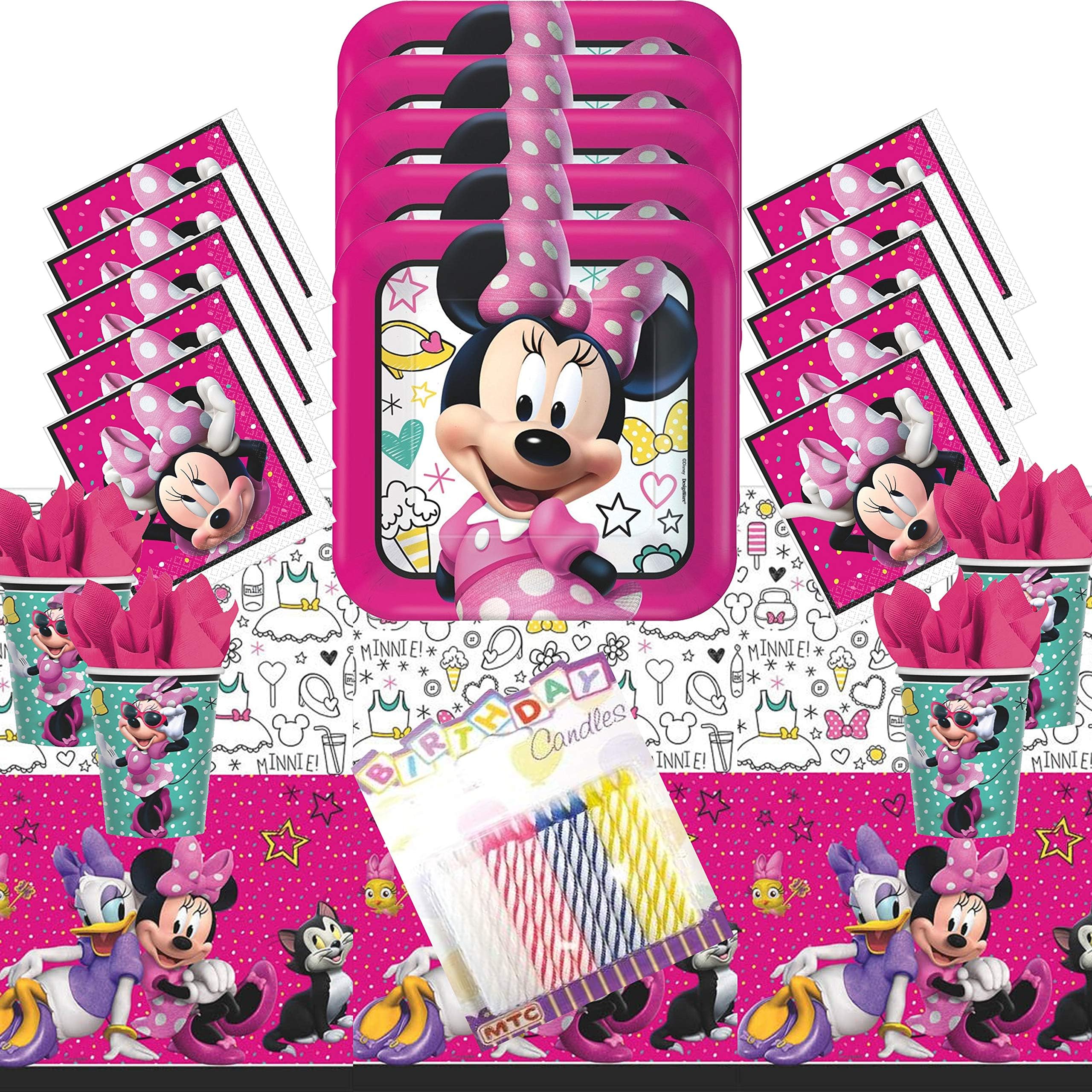 Minnie Mouse Party Supplies Pack Serves 16: Dinner Plates Luncheon Napkins Cups and Table Cover with Birthday Candles (Bundle for 16)