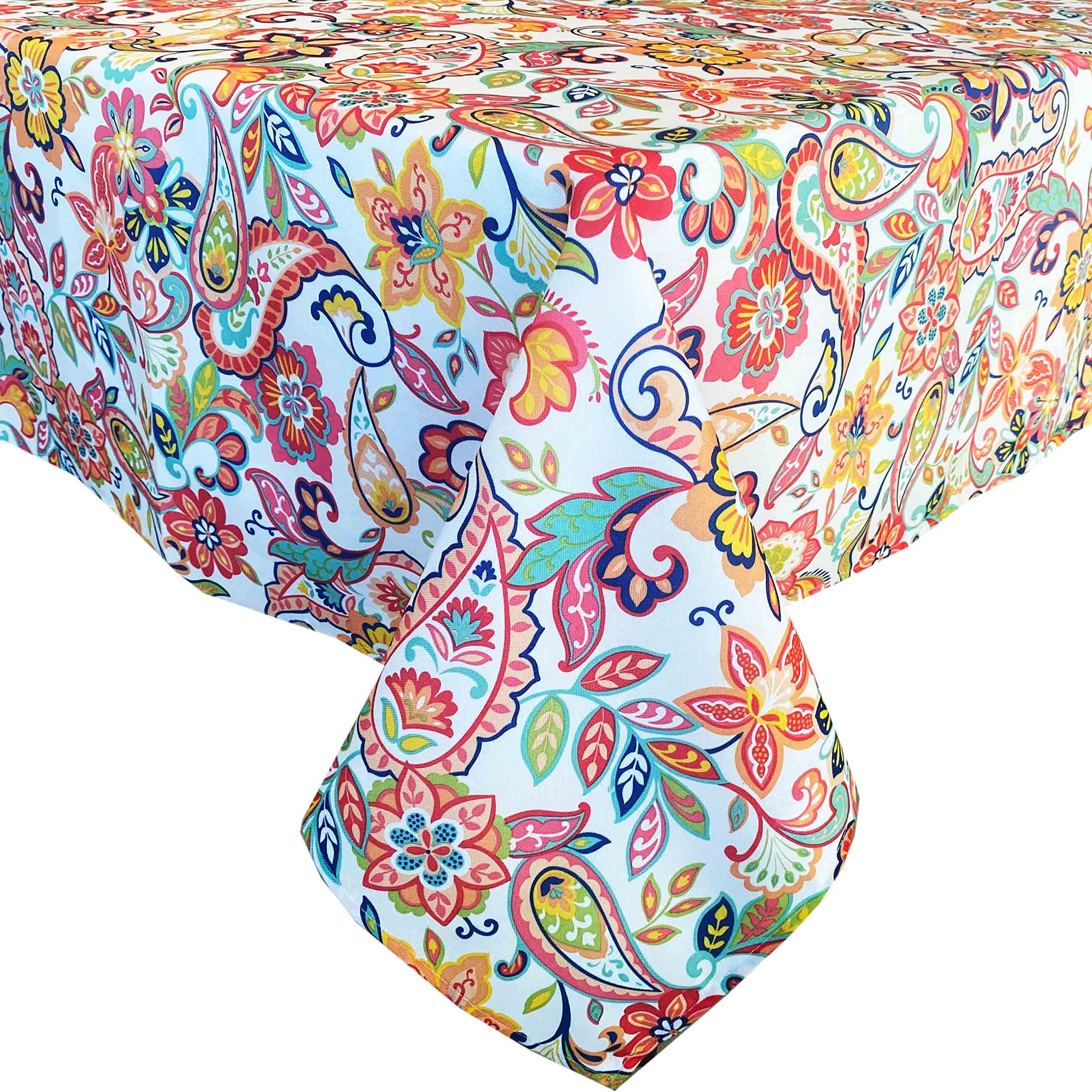 NewbridgeRectangle Fabric Tablecloth, Bohemian Coral Paisley, 52 x 70 Inch, Stain and Water Resistant Heavy Weight Summer Table Cover, Boho Chic Multicolor Floral