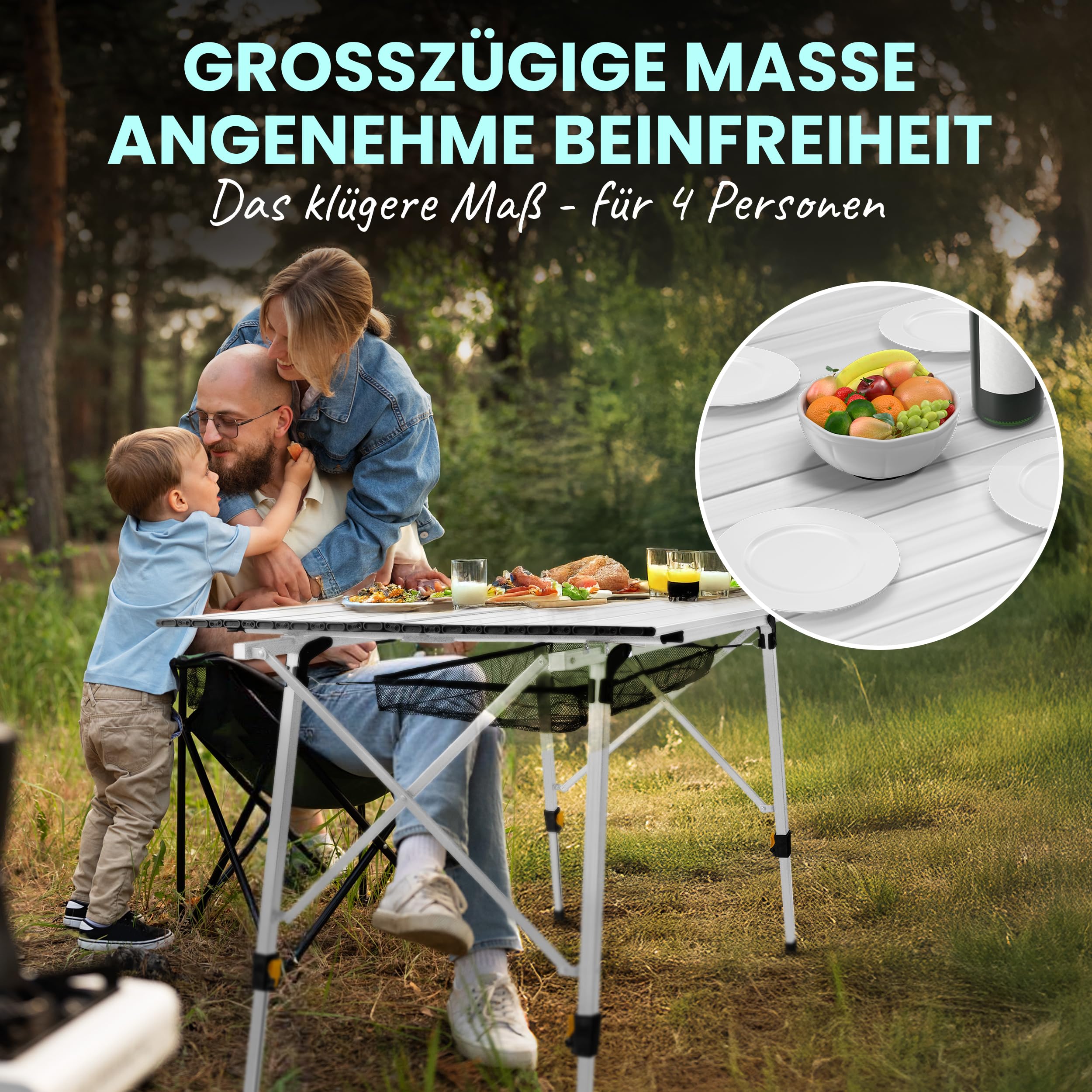 Camping Klapptisch höhenverstellbar bis 78 cm Aluminium Campingtisch faltbar Camping Rolltisch 4 Personen Balkontisch Klapptisch Silber leicht mit Tragetasche Netz Aufrollbar klappbar Garten