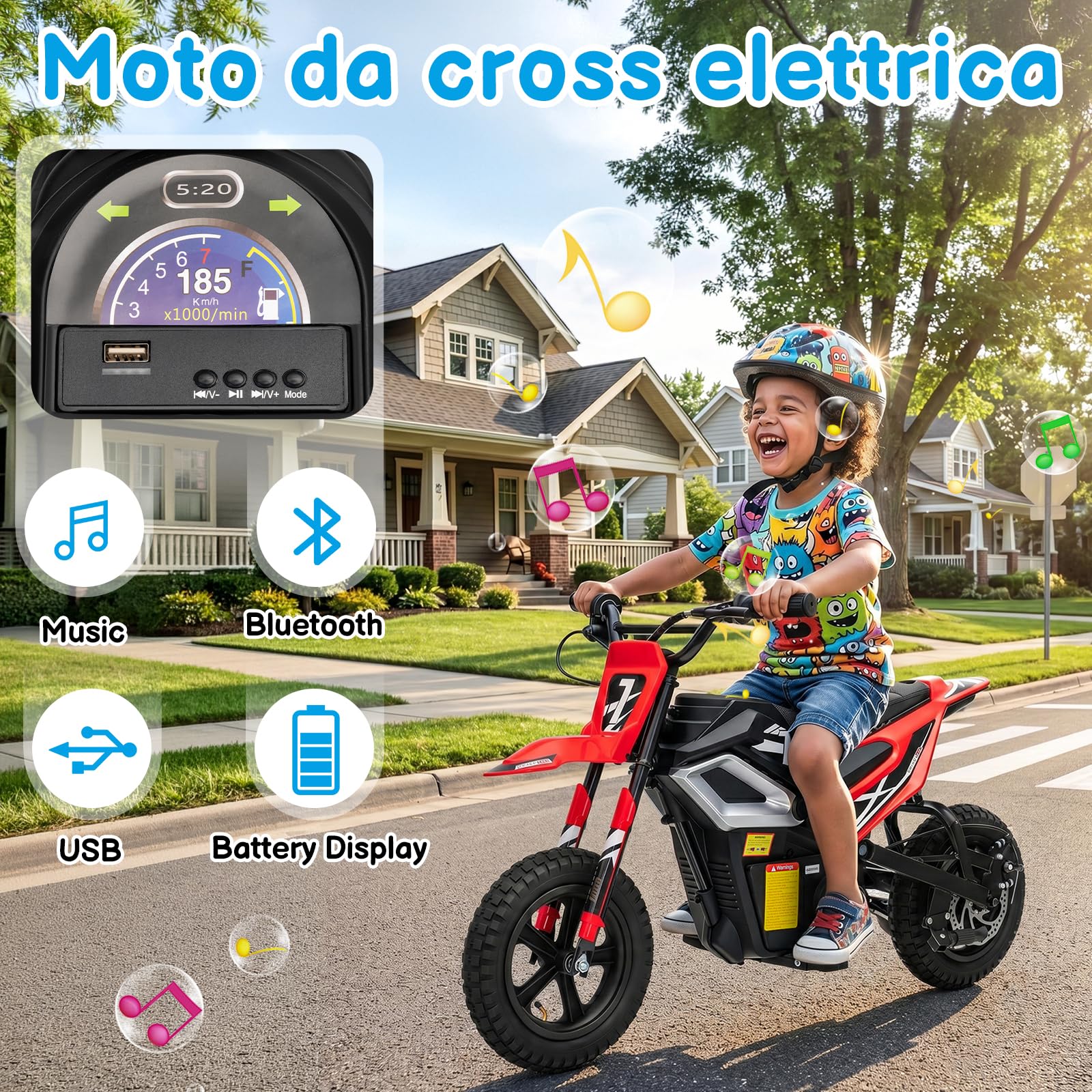 LALAHO Moto elettrica per bambini 24V 7Ah con Motore Senza Spazzole 250W, Max 22,5 km/h, Autonomia 19 KM, Pneumatico gonfiabile da 12 pollici (Rosso)
