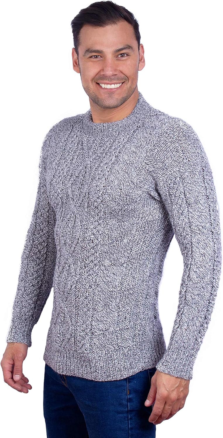 Hand Knit Warm Light Gray Melange Aran Alpaca Sweater for Men - Fisherman Sweater