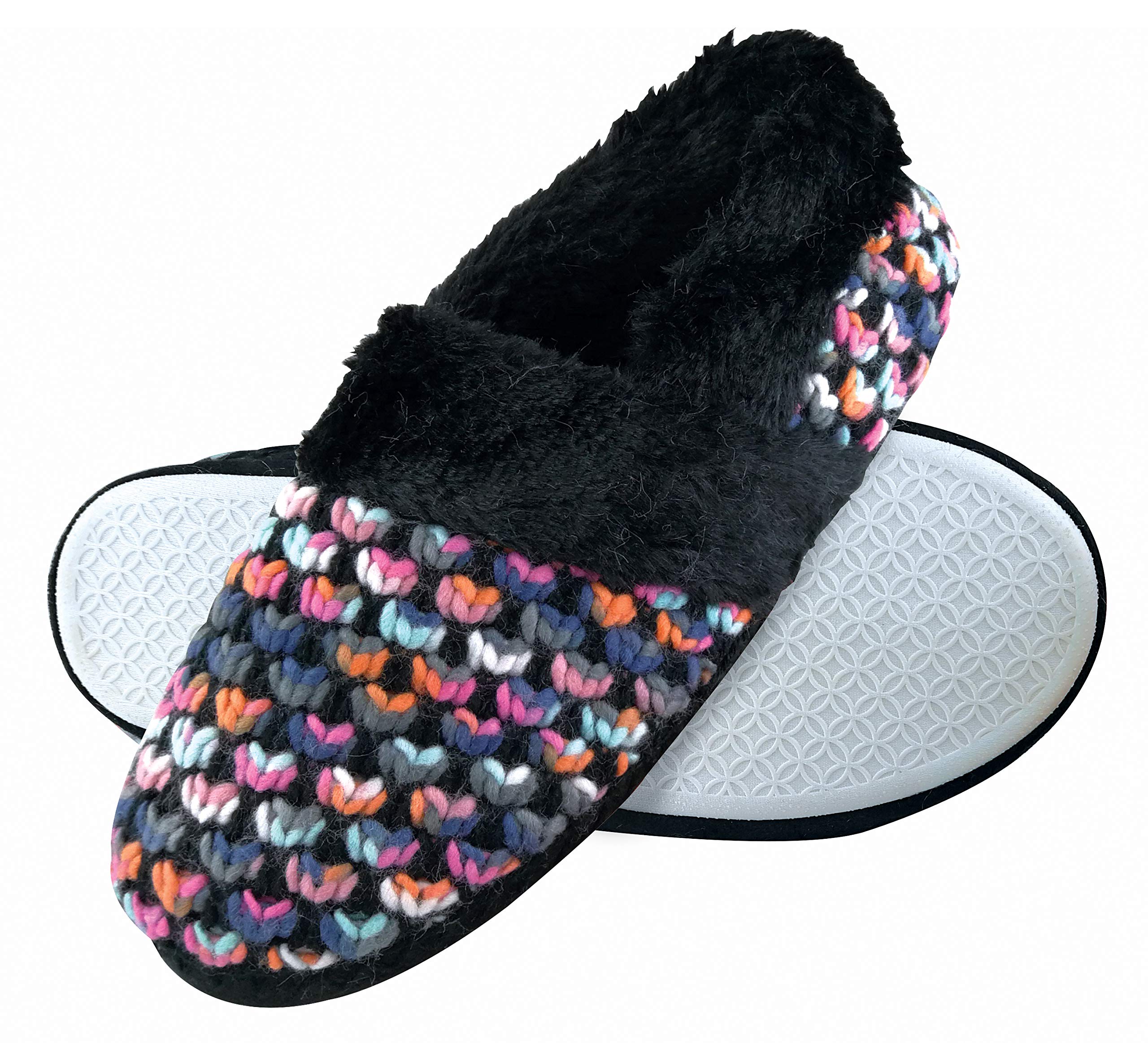 DUNLOP - Ladies Cute Fluffy Plush Winter Warm Luxury Knitted Slippers (5 UK, 8029 Black)